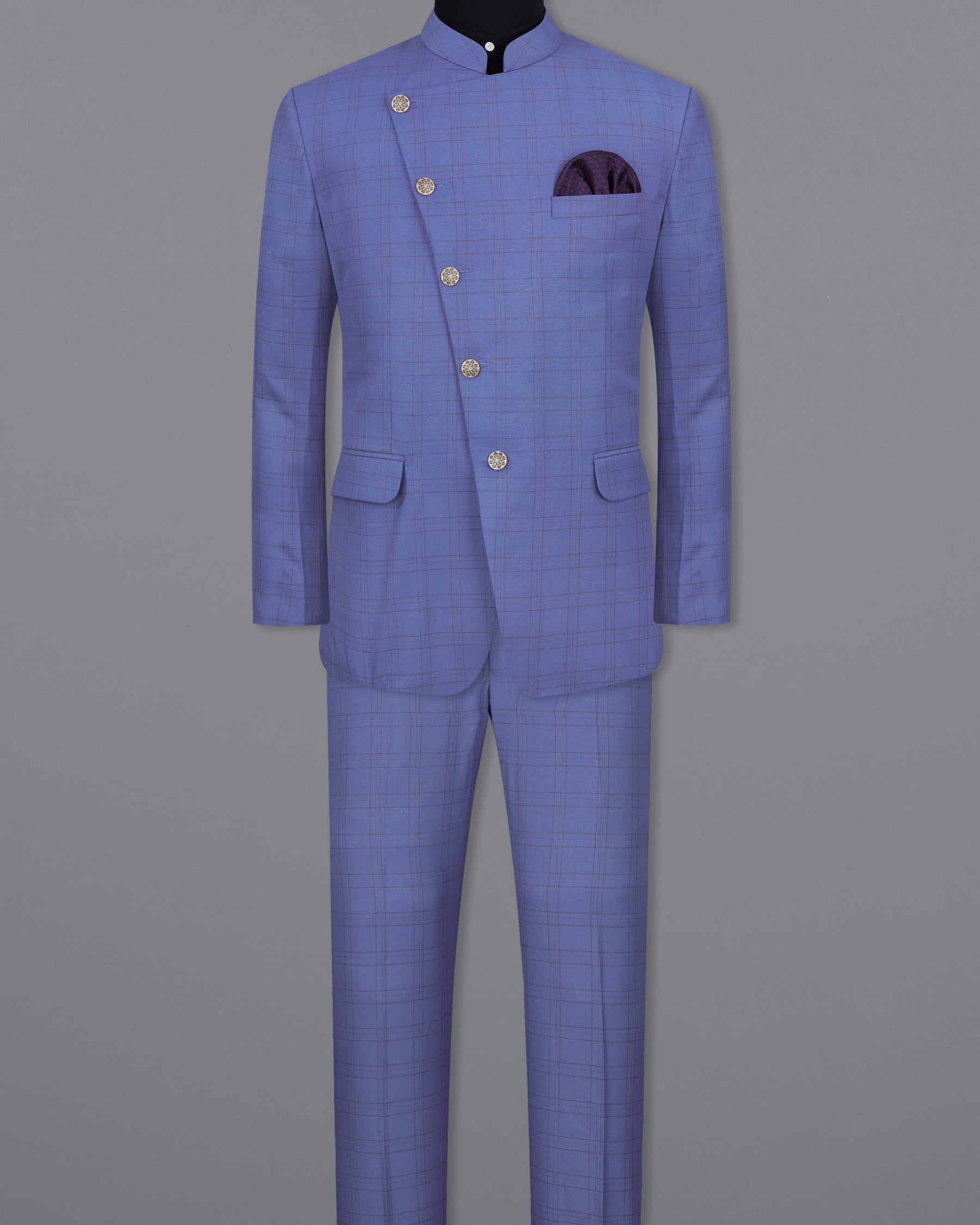 Scampi Blue With Pickled Brown Plaid Cross Placket Bandhgala Suit