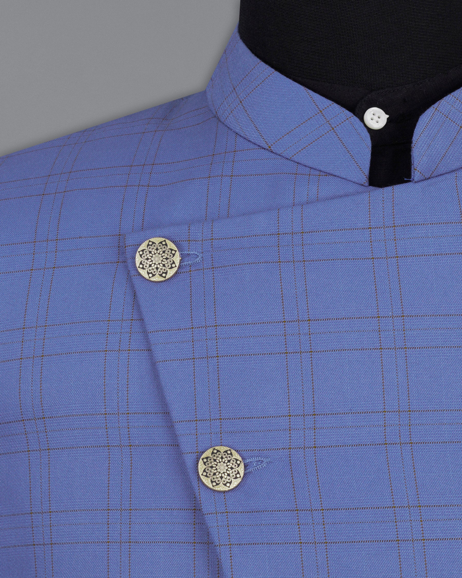 Scampi Blue With Pickled Brown Plaid Cross Placket Bandhgala Suit