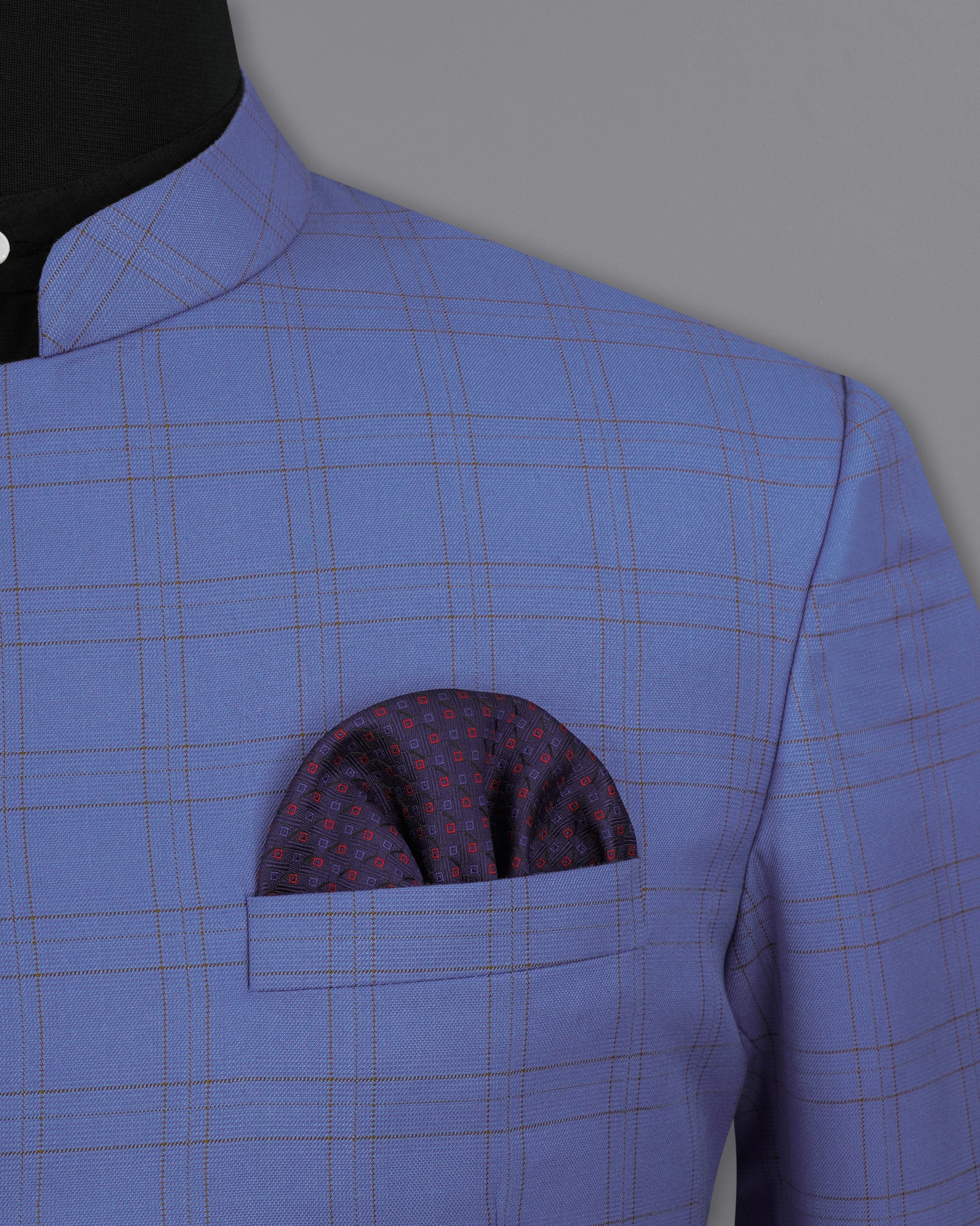 Scampi Blue With Pickled Brown Plaid Cross Placket Bandhgala Suit