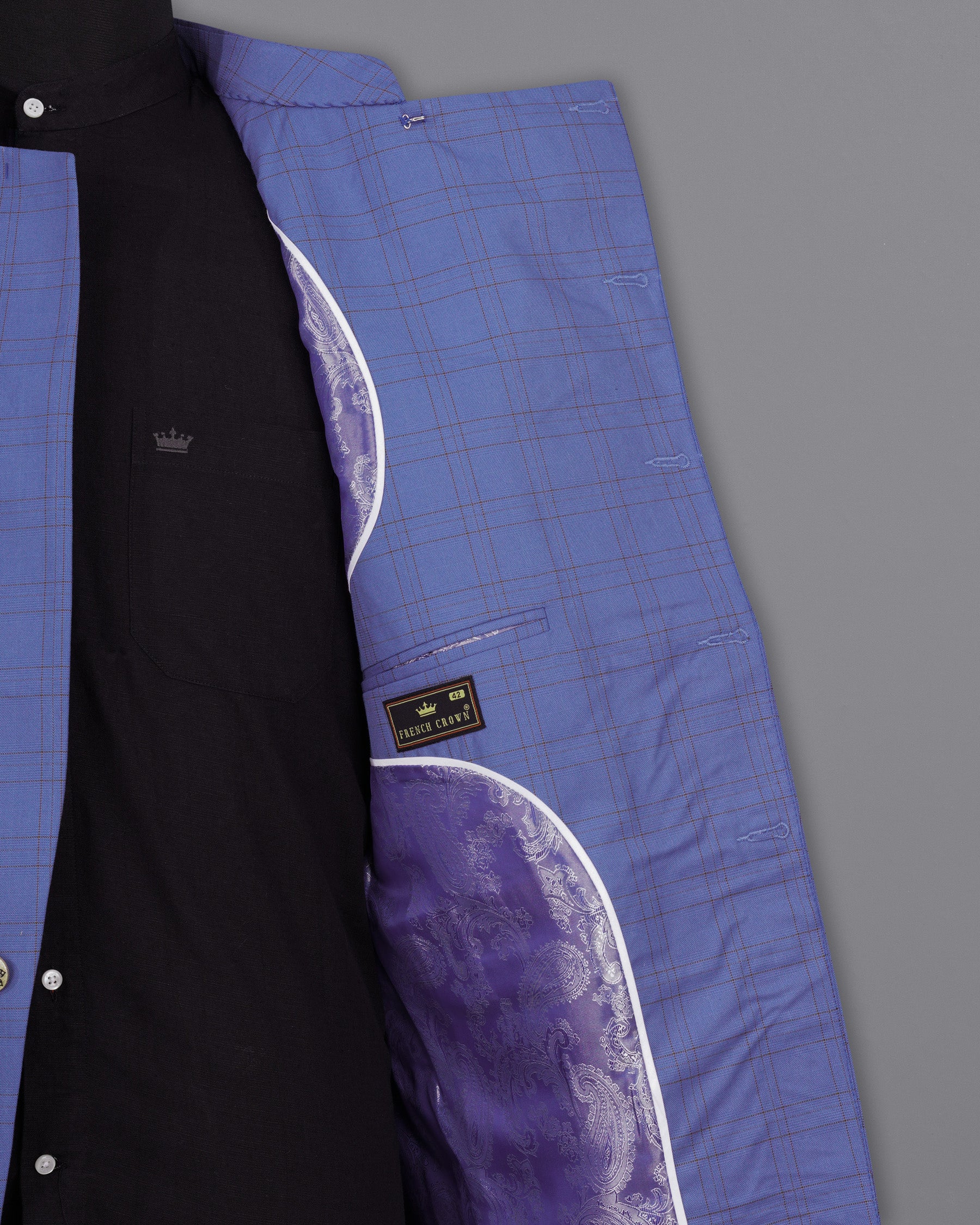 Scampi Blue With Pickled Brown Plaid Cross Placket Bandhgala Suit