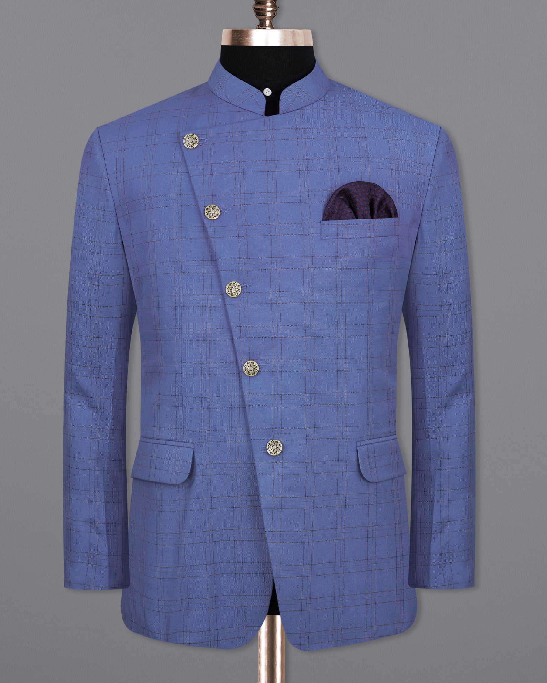 Scampi Blue With Pickled Brown Plaid Cross Placket Bandhgala Suit