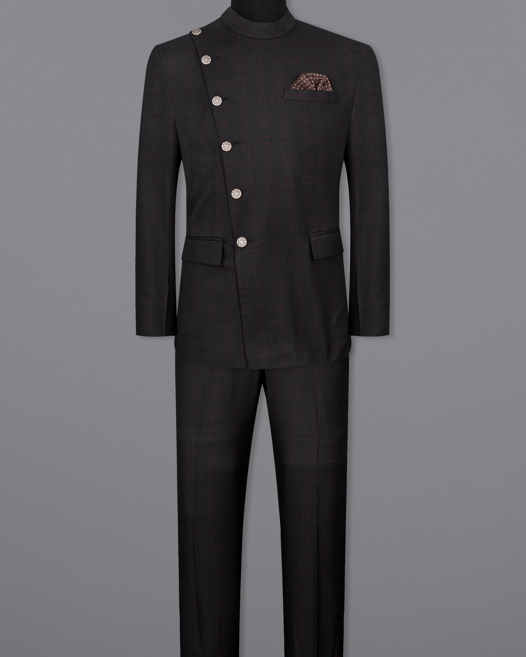 Onyx Black windowpane Cross Placket Bandhgala Suit