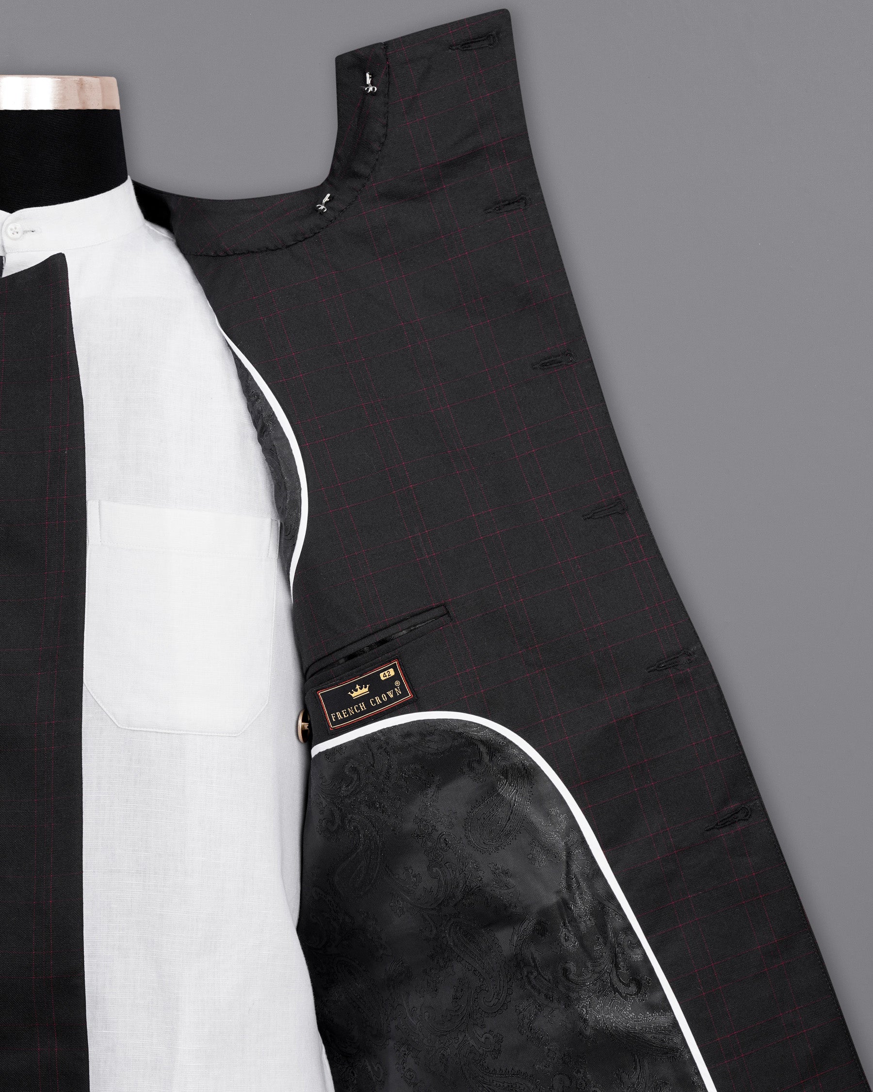 Onyx Black windowpane Cross Placket Bandhgala Suit