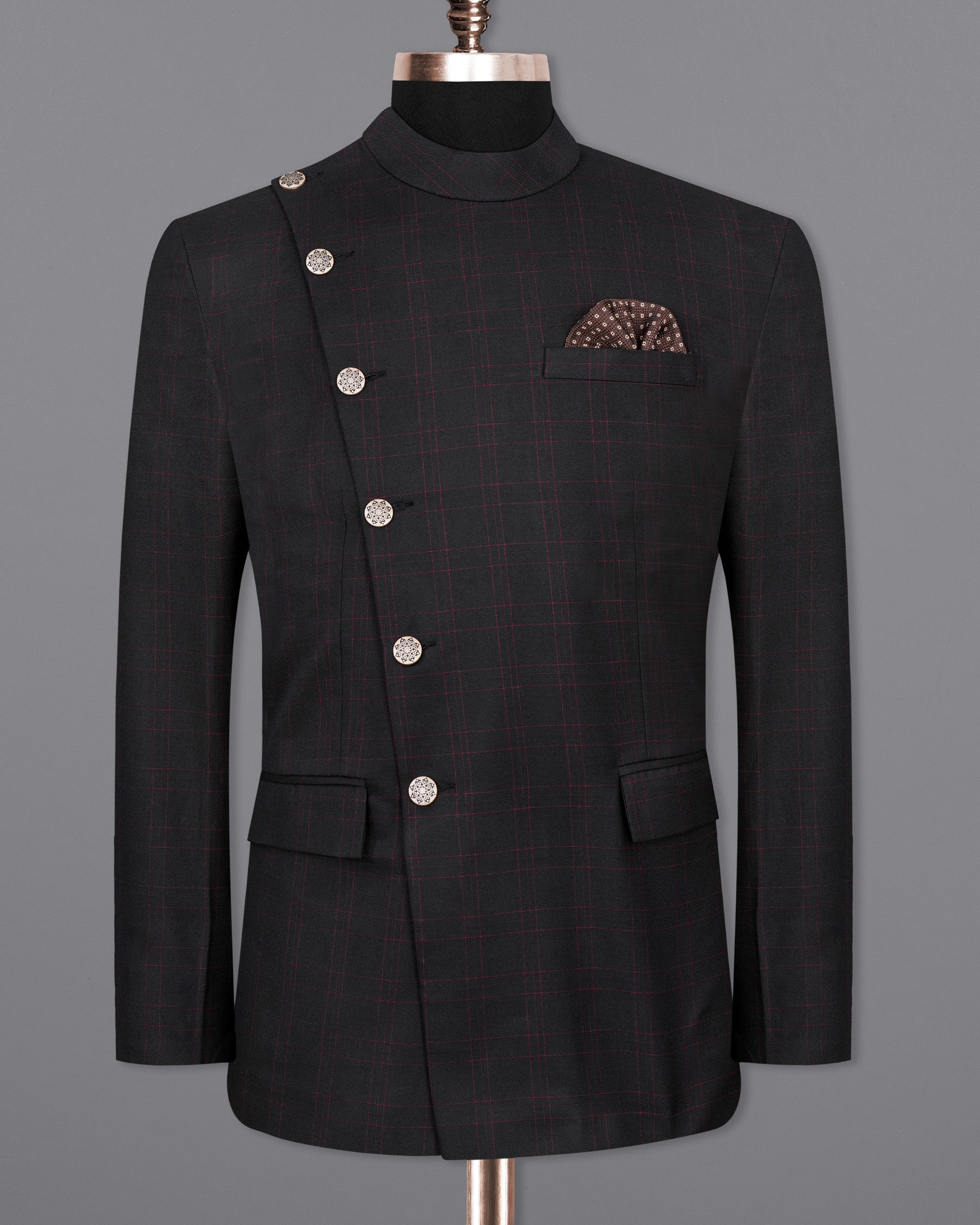 Onyx Black windowpane Cross Placket Bandhgala Suit