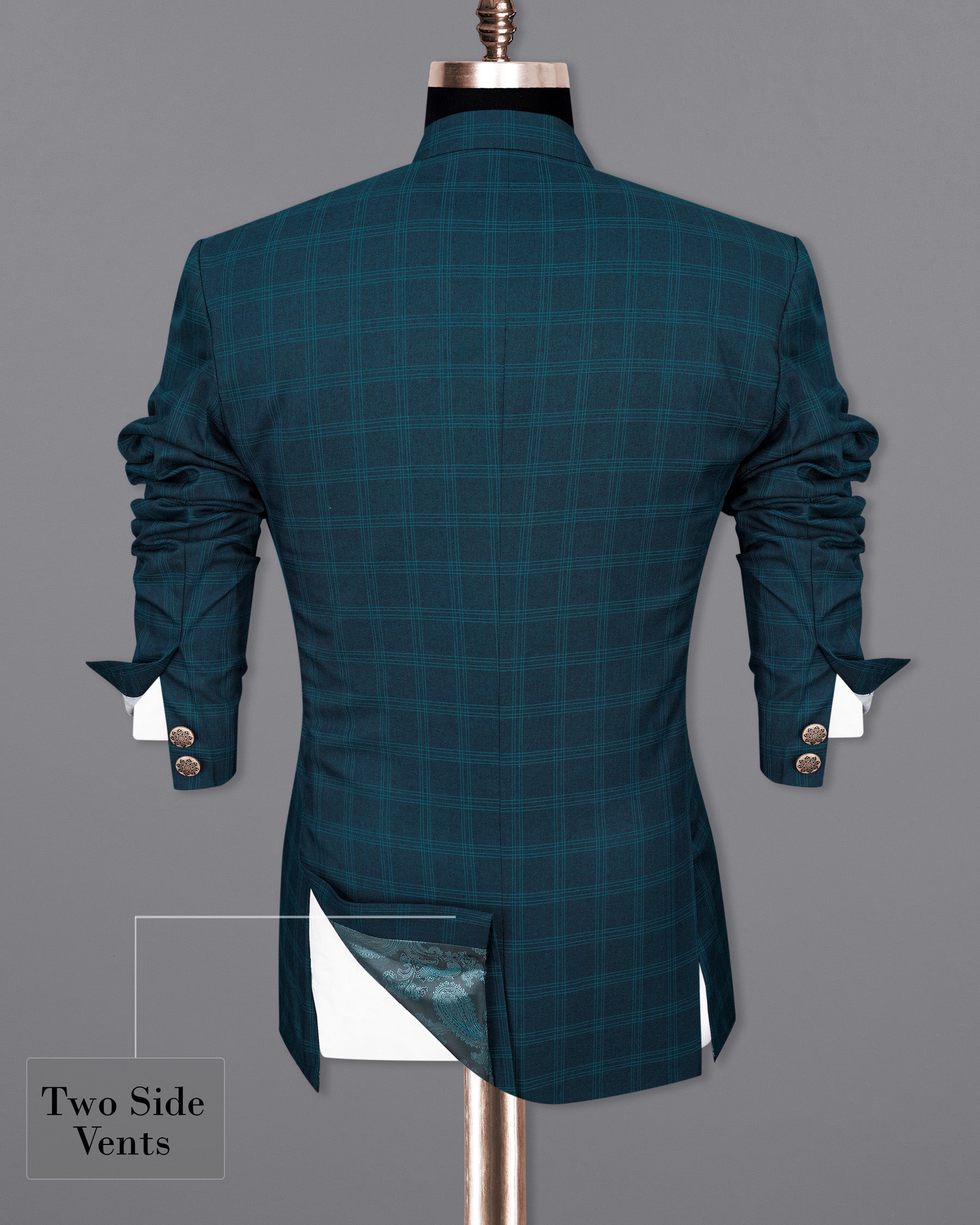 Cloud Burst Sea Green Windowpane Cross Placket Bandhgala Suit