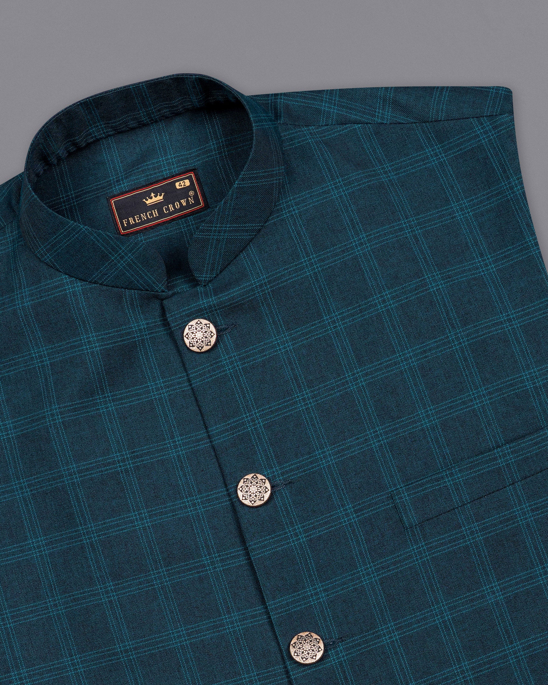 Cloud Burst Sea Green Windowpane Cross Placket Bandhgala Suit