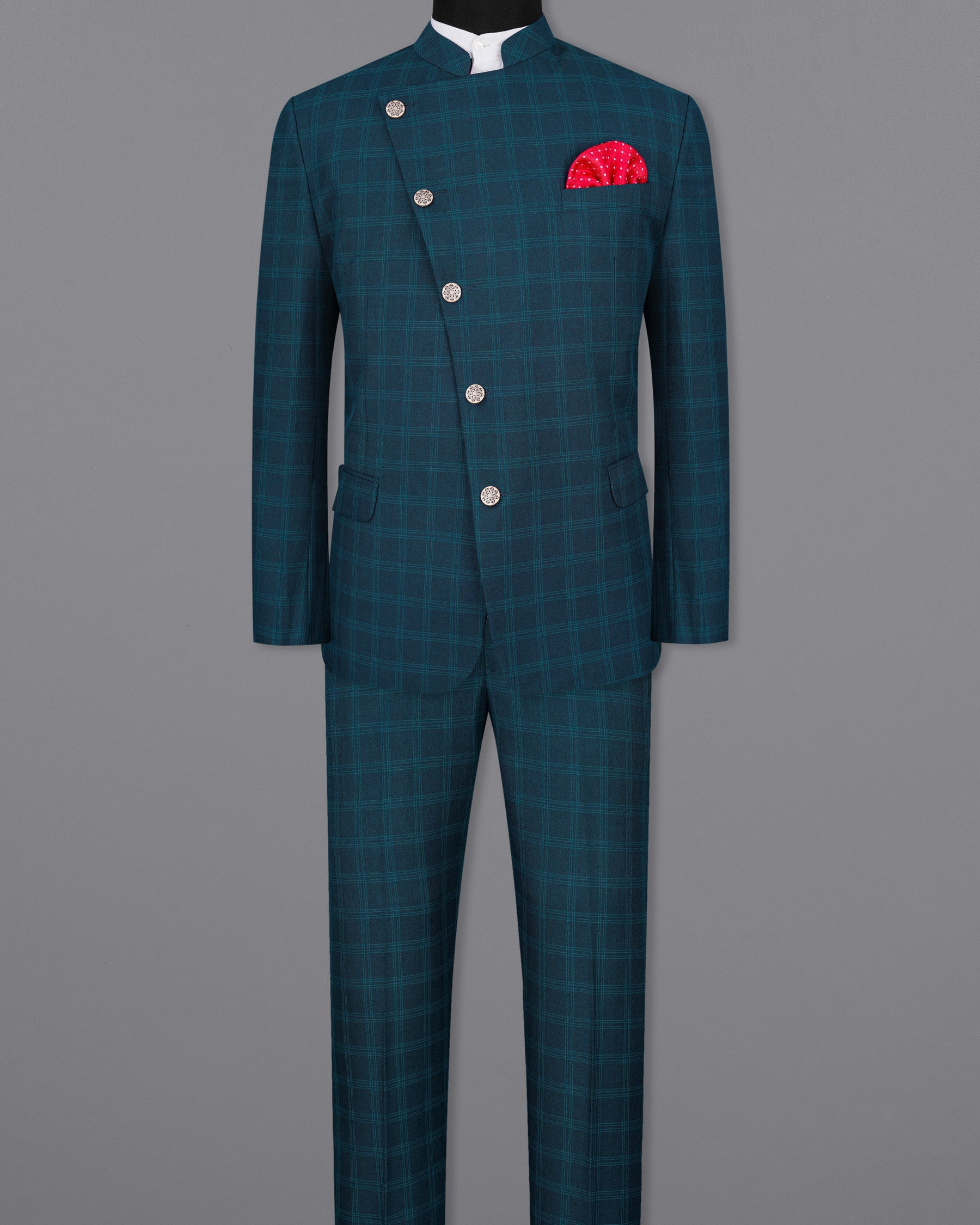Cloud Burst Sea Green Windowpane Cross Placket Bandhgala Suit