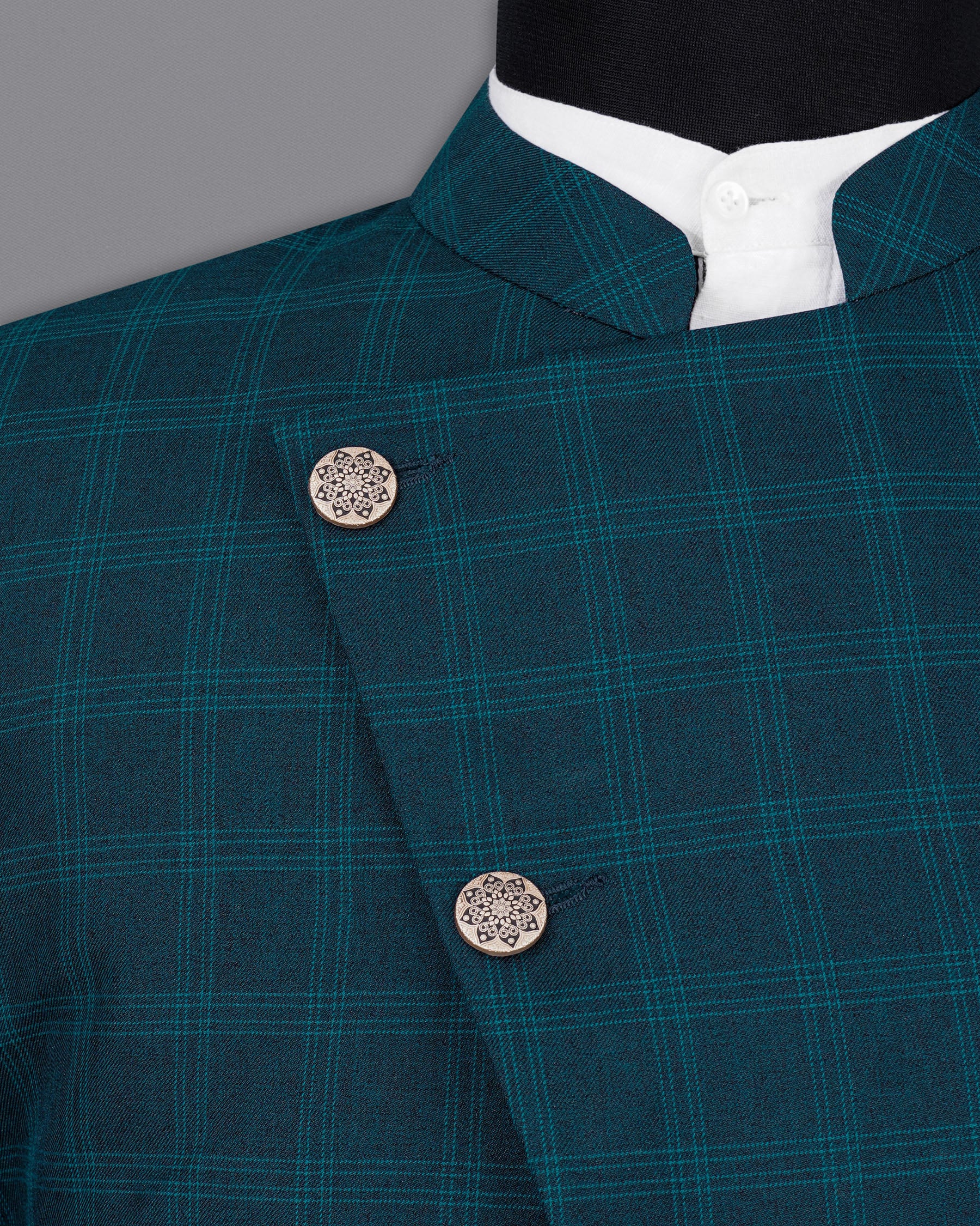 Cloud Burst Sea Green Windowpane Cross Placket Bandhgala Suit