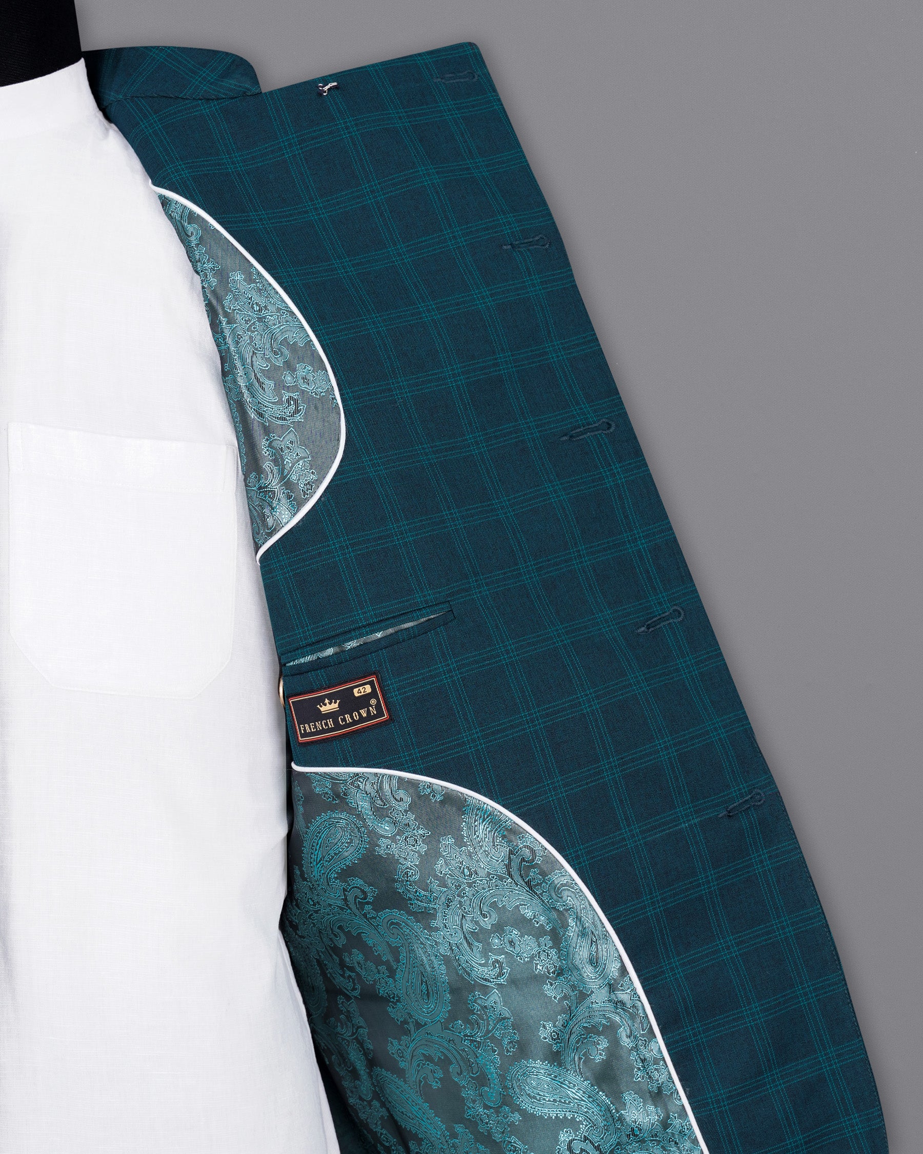 Cloud Burst Sea Green Windowpane Cross Placket Bandhgala Suit