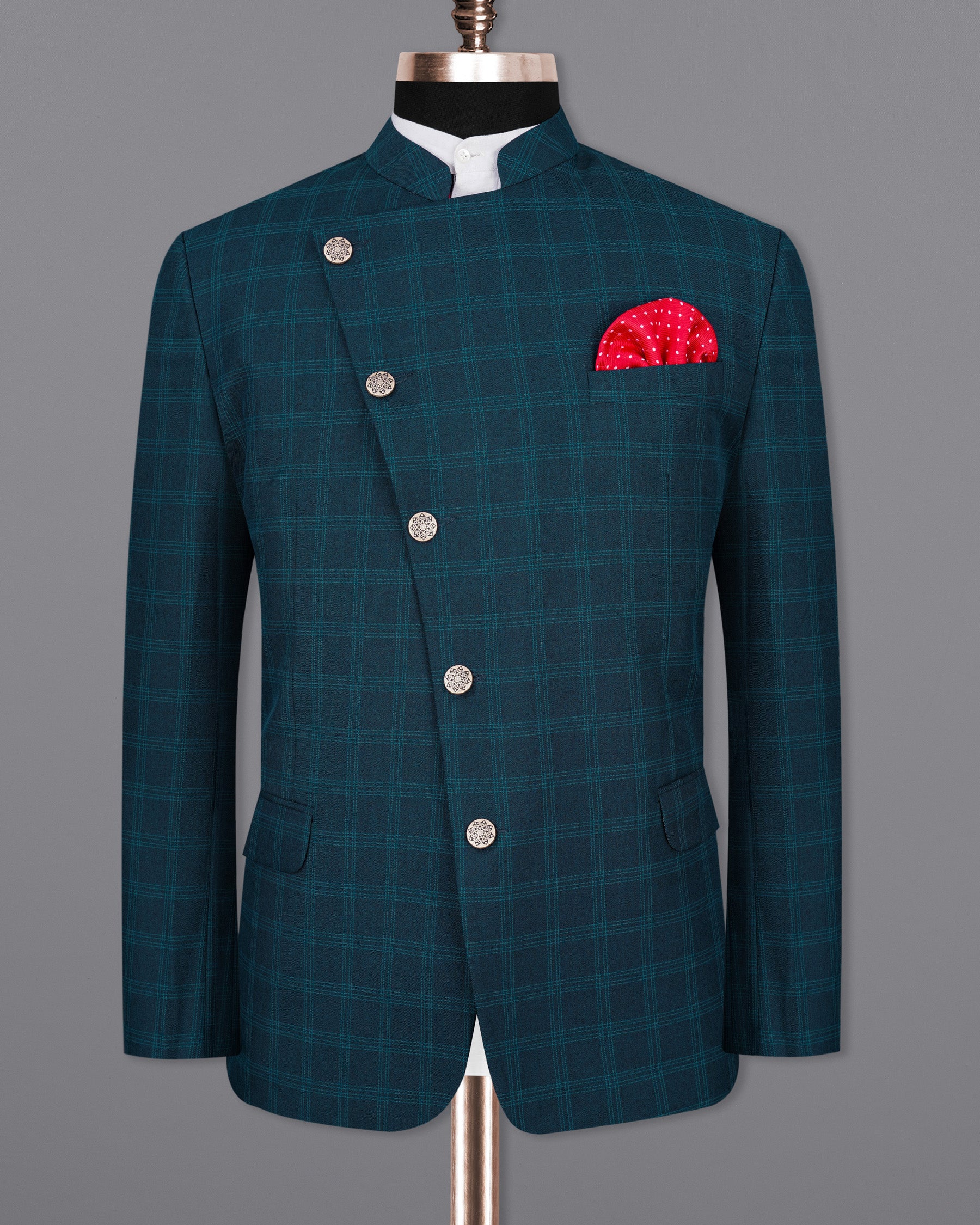 Cloud Burst Sea Green Windowpane Cross Placket Bandhgala Suit