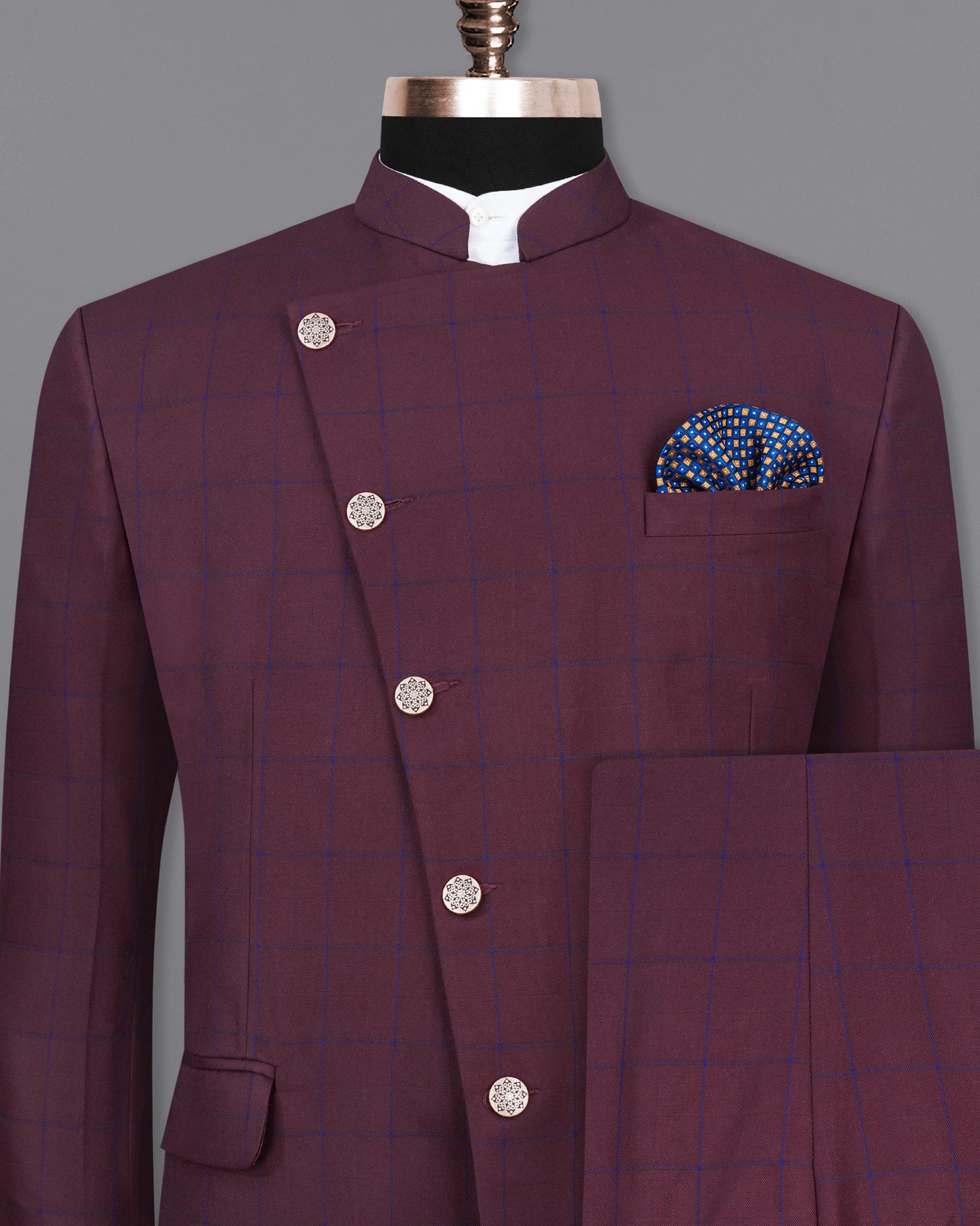 Wine Berry With Haiti Blue Windowpane Cross Placket Bandhgala Suit