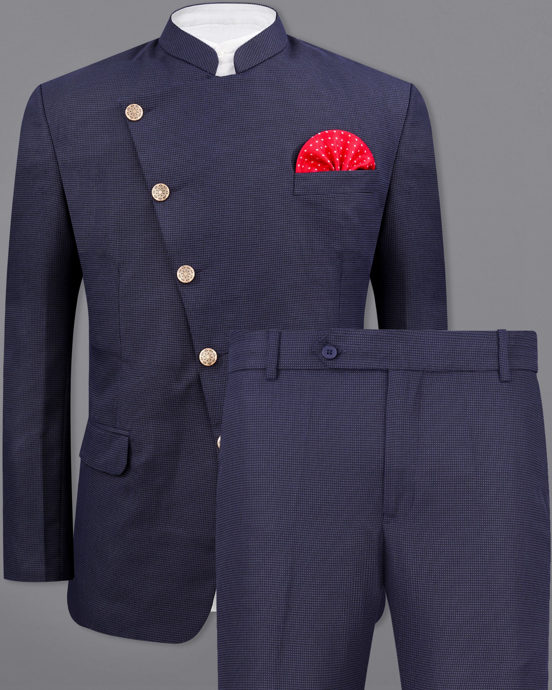 Ebony Clay Blue Cross Placket Bandhgala Suit