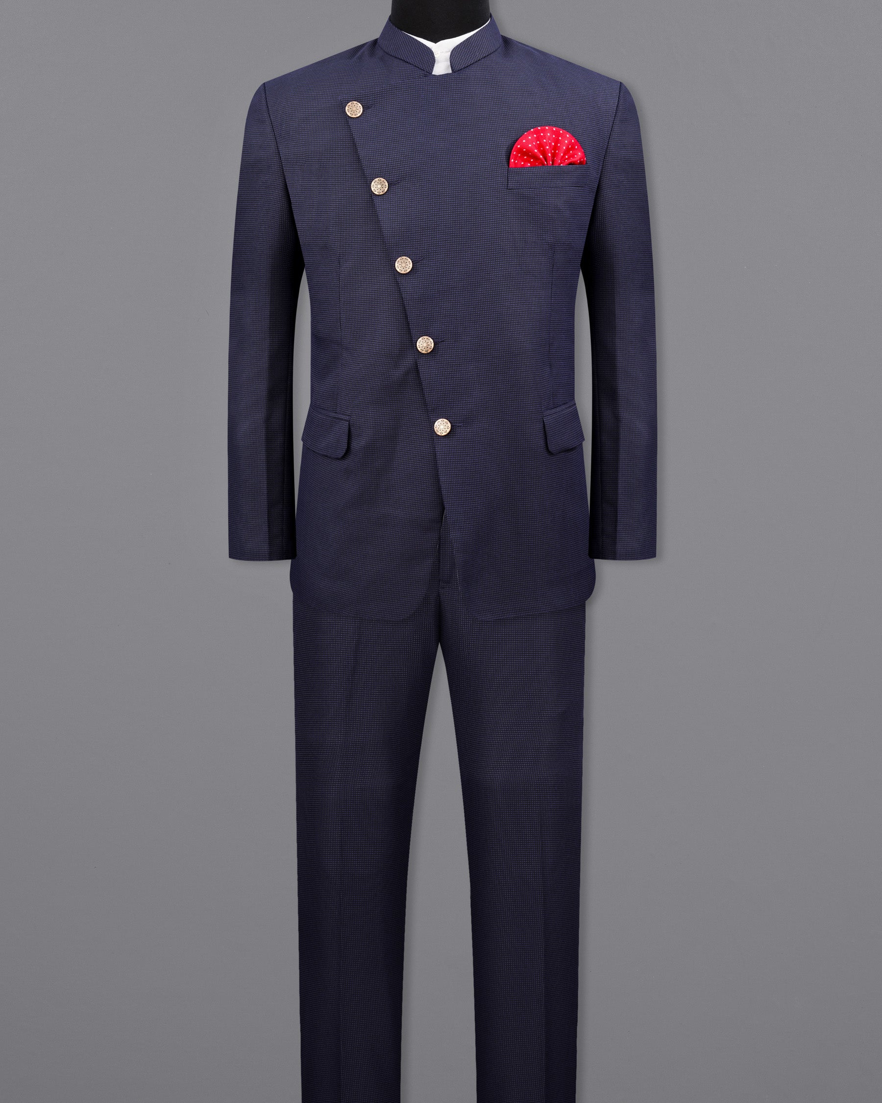 Ebony Clay Blue Cross Placket Bandhgala Suit