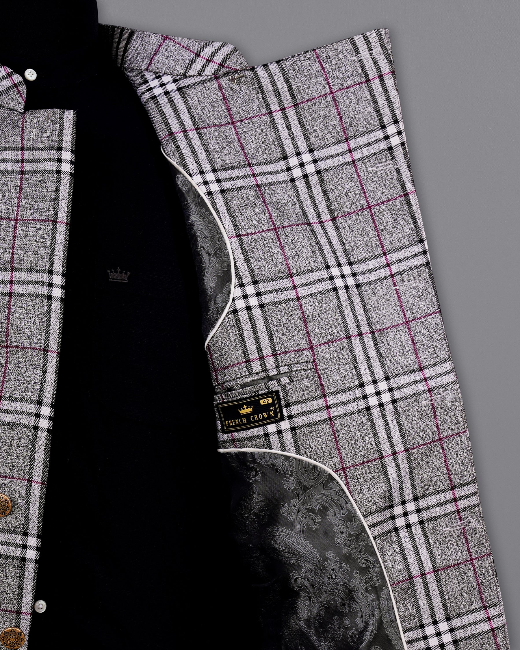 Amethyst Gray with Black Plaid Cross Buttoned Bandhgala Blazer BL2141-CBG-36, BL2141-CBG-38, BL2141-CBG-40, BL2141-CBG-42, BL2141-CBG-44, BL2141-CBG-46, BL2141-CBG-48, BL2141-CBG-50, BL2141-CBG-52, BL2141-CBG-54, BL2141-CBG-56, BL2141-CBG-58, BL2141-CBG-60