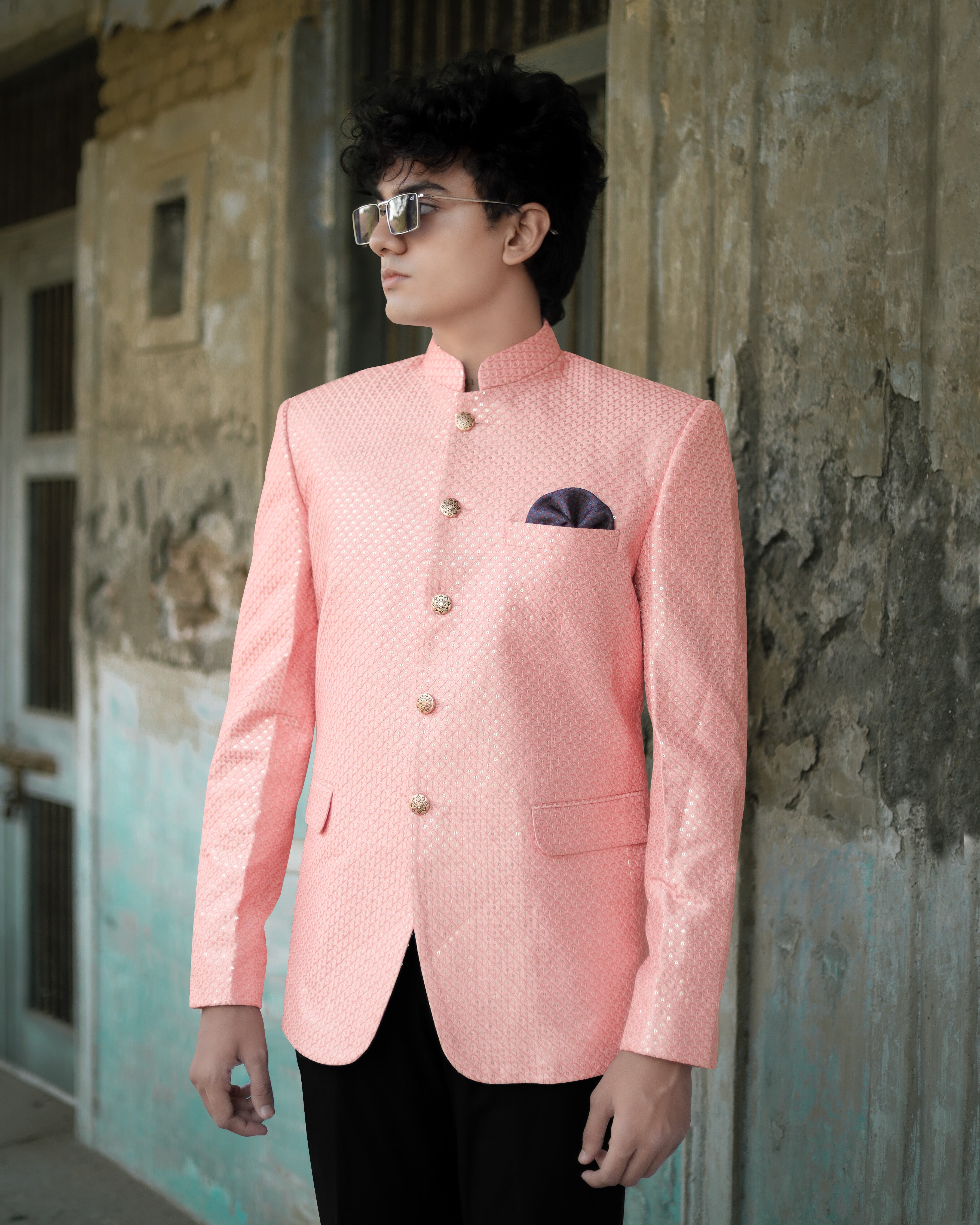 Pastel Pink Cotton Thread Heavy Embroidered Bandhgala Designer Blazer