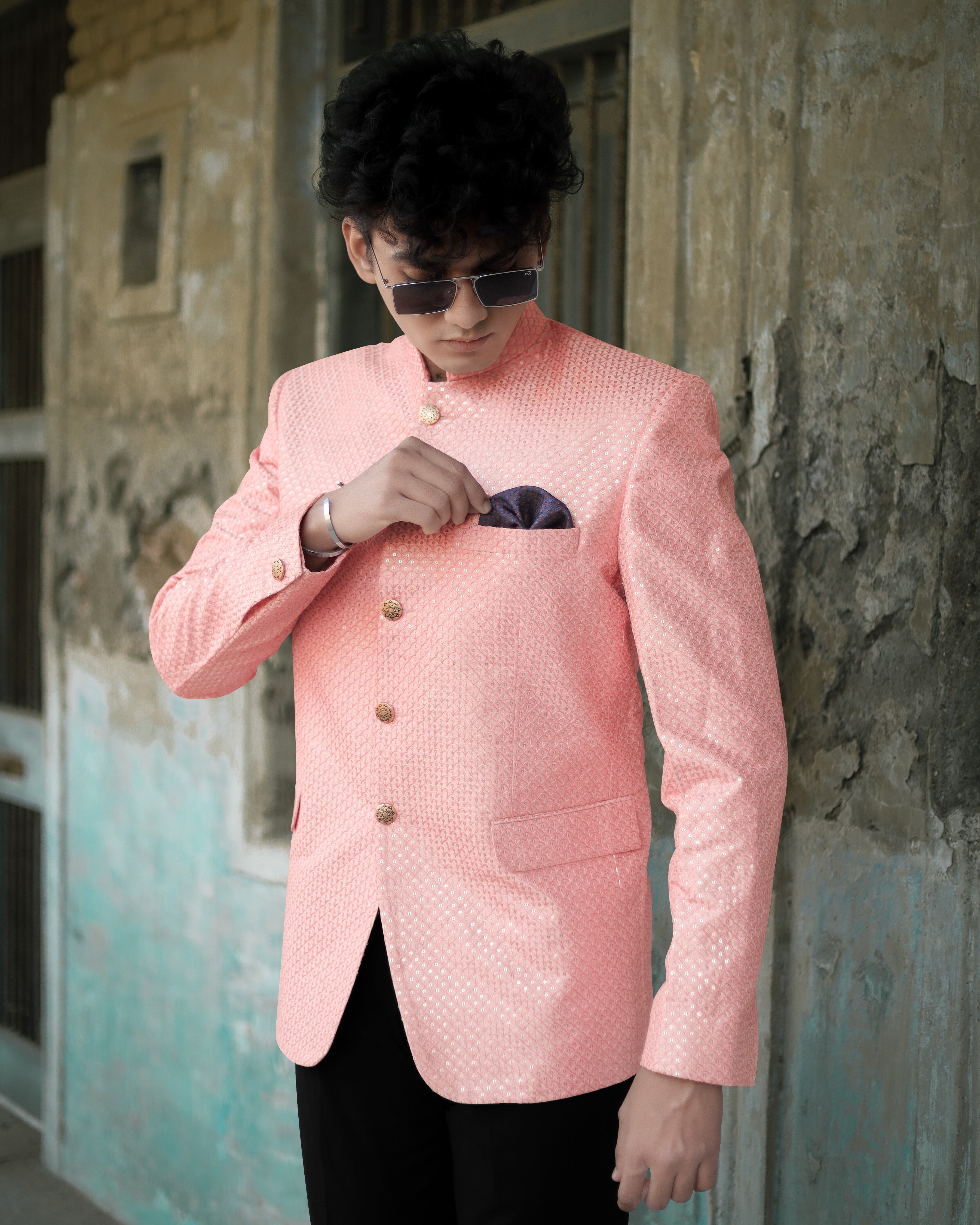 Pastel Pink Cotton Thread Heavy Embroidered Bandhgala Designer Blazer