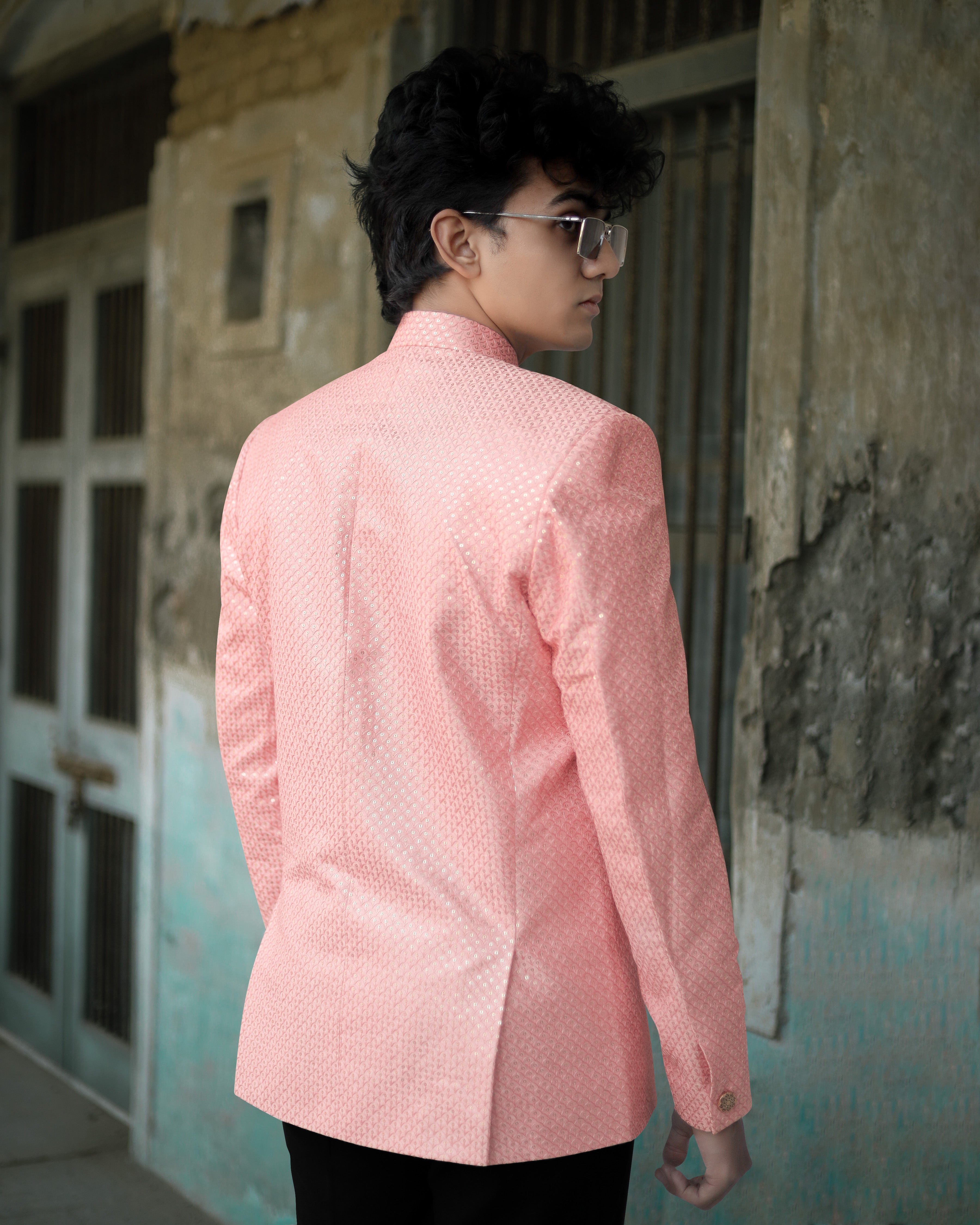 Pastel Pink Cotton Thread Heavy Embroidered Bandhgala Designer Blazer