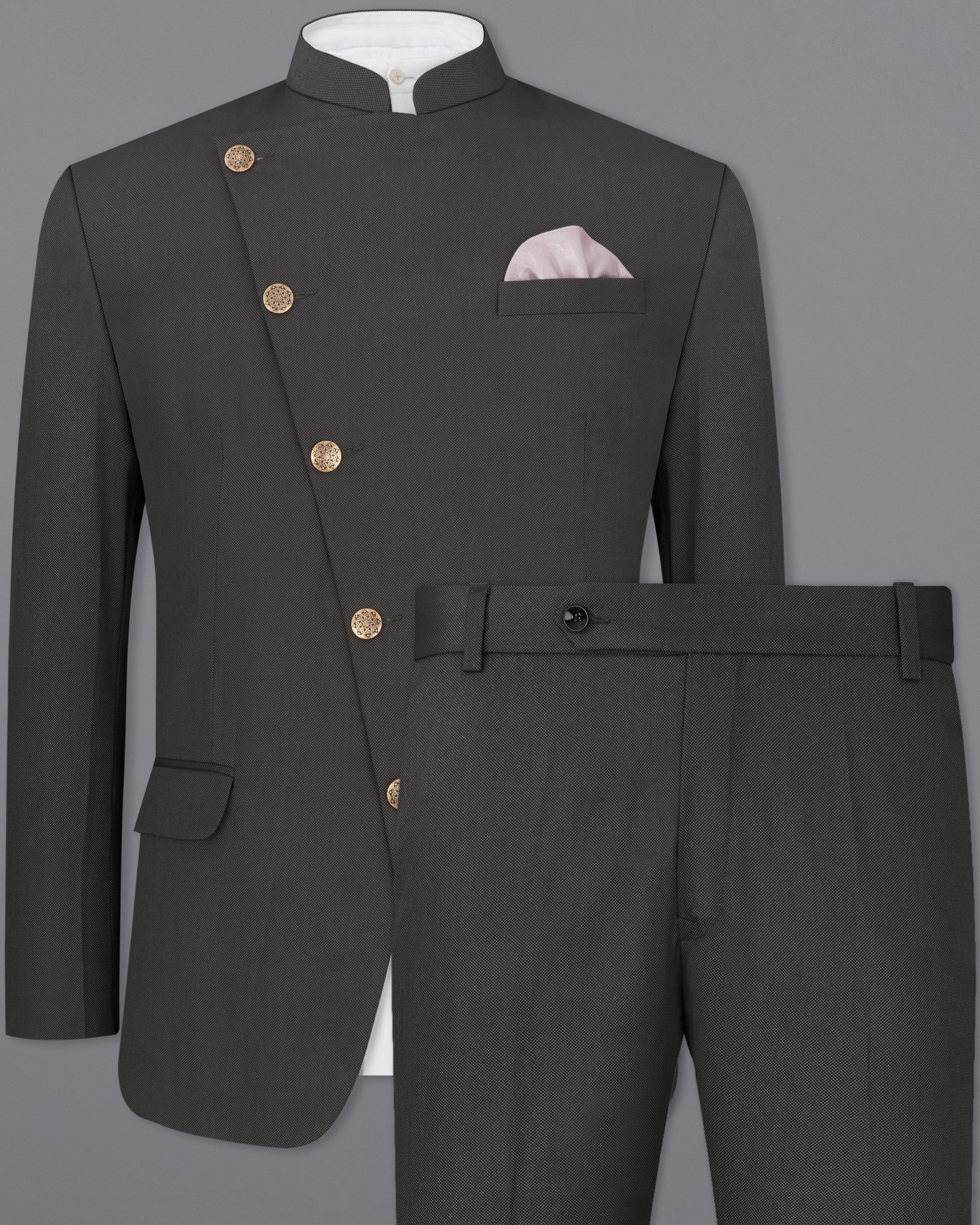 Fuscous Gray Cross Buttoned Bandhgala Suit ST2284-CBG-36, ST2284-CBG-38, ST2284-CBG-40, ST2284-CBG-42, ST2284-CBG-44, ST2284-CBG-46, ST2284-CBG-48, ST2284-CBG-50, ST2284-CBG-52, ST2284-CBG-54, ST2284-CBG-56, ST2284-CBG-58, ST2284-CBG-60