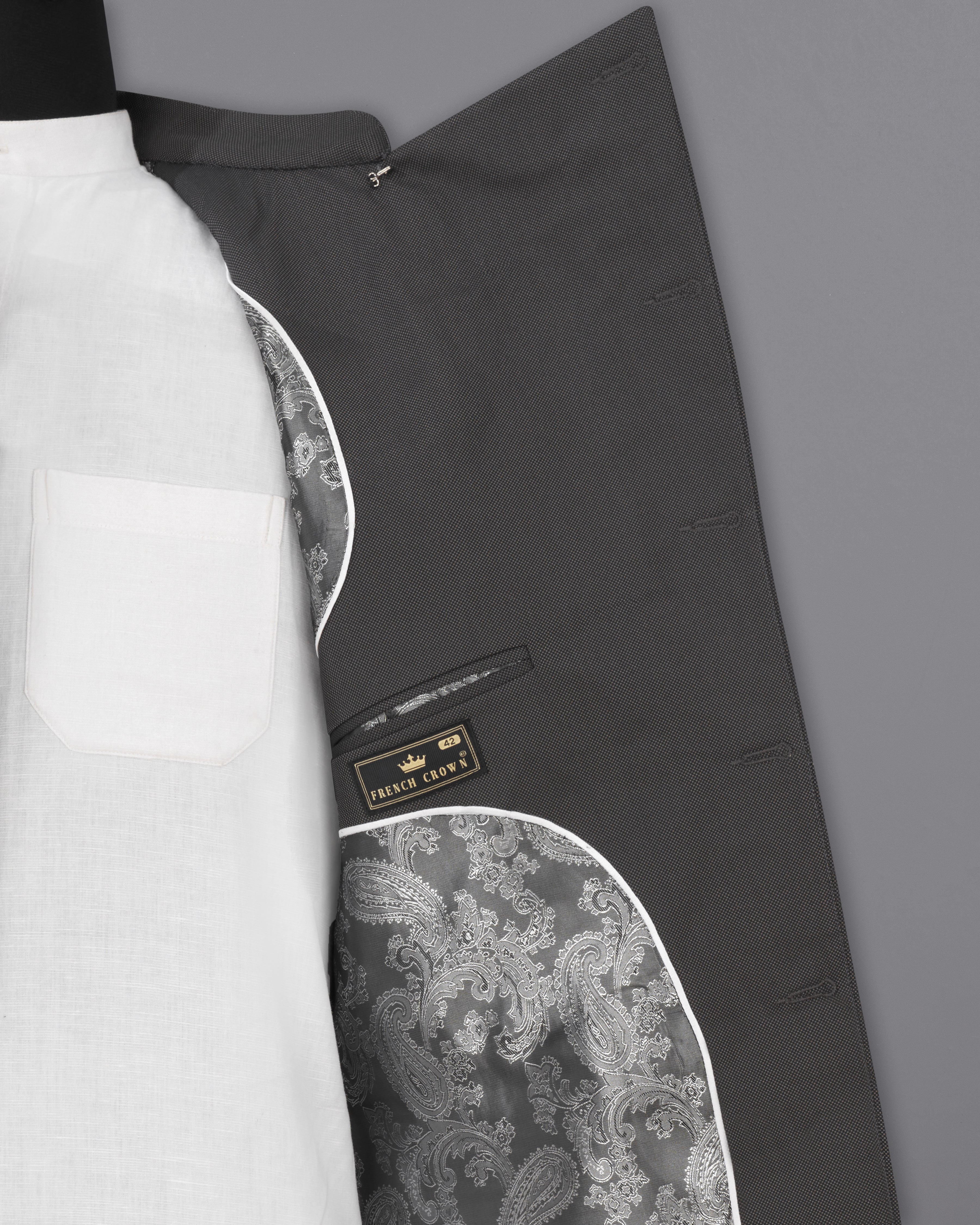 Fuscous Gray Cross Buttoned Bandhgala Suit ST2284-CBG-36, ST2284-CBG-38, ST2284-CBG-40, ST2284-CBG-42, ST2284-CBG-44, ST2284-CBG-46, ST2284-CBG-48, ST2284-CBG-50, ST2284-CBG-52, ST2284-CBG-54, ST2284-CBG-56, ST2284-CBG-58, ST2284-CBG-60