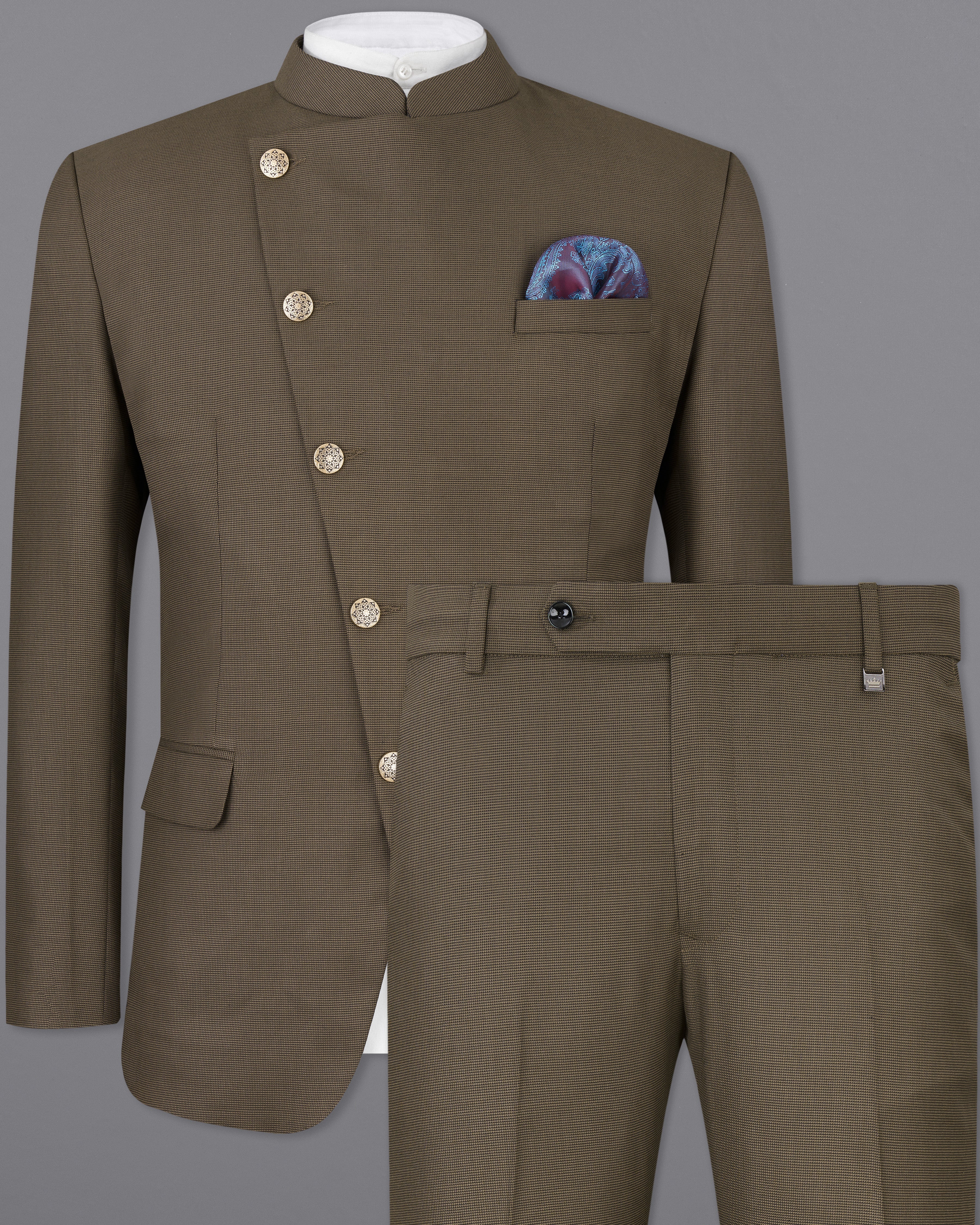 Fuscous Brown Cross Buttoned Bandhgala Suit ST2514-CBG-36, ST2514-CBG-38, ST2514-CBG-40, ST2514-CBG-42, ST2514-CBG-44, ST2514-CBG-46, ST2514-CBG-48, ST2514-CBG-50, ST2514-CBG-52, ST2514-CBG-54, ST2514-CBG-56, ST2514-CBG-58, ST2514-CBG-60