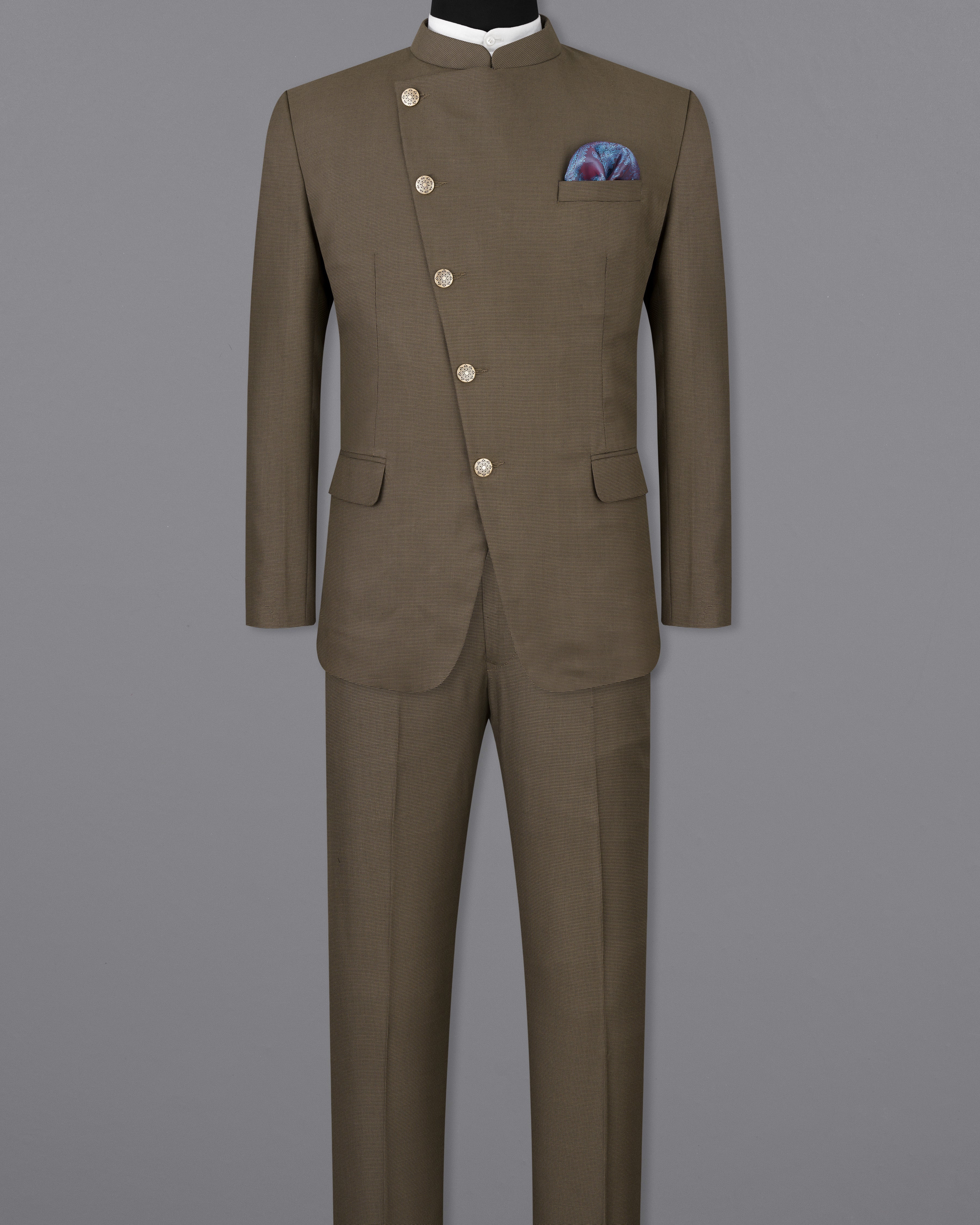 Fuscous Brown Cross Buttoned Bandhgala Suit ST2514-CBG-36, ST2514-CBG-38, ST2514-CBG-40, ST2514-CBG-42, ST2514-CBG-44, ST2514-CBG-46, ST2514-CBG-48, ST2514-CBG-50, ST2514-CBG-52, ST2514-CBG-54, ST2514-CBG-56, ST2514-CBG-58, ST2514-CBG-60