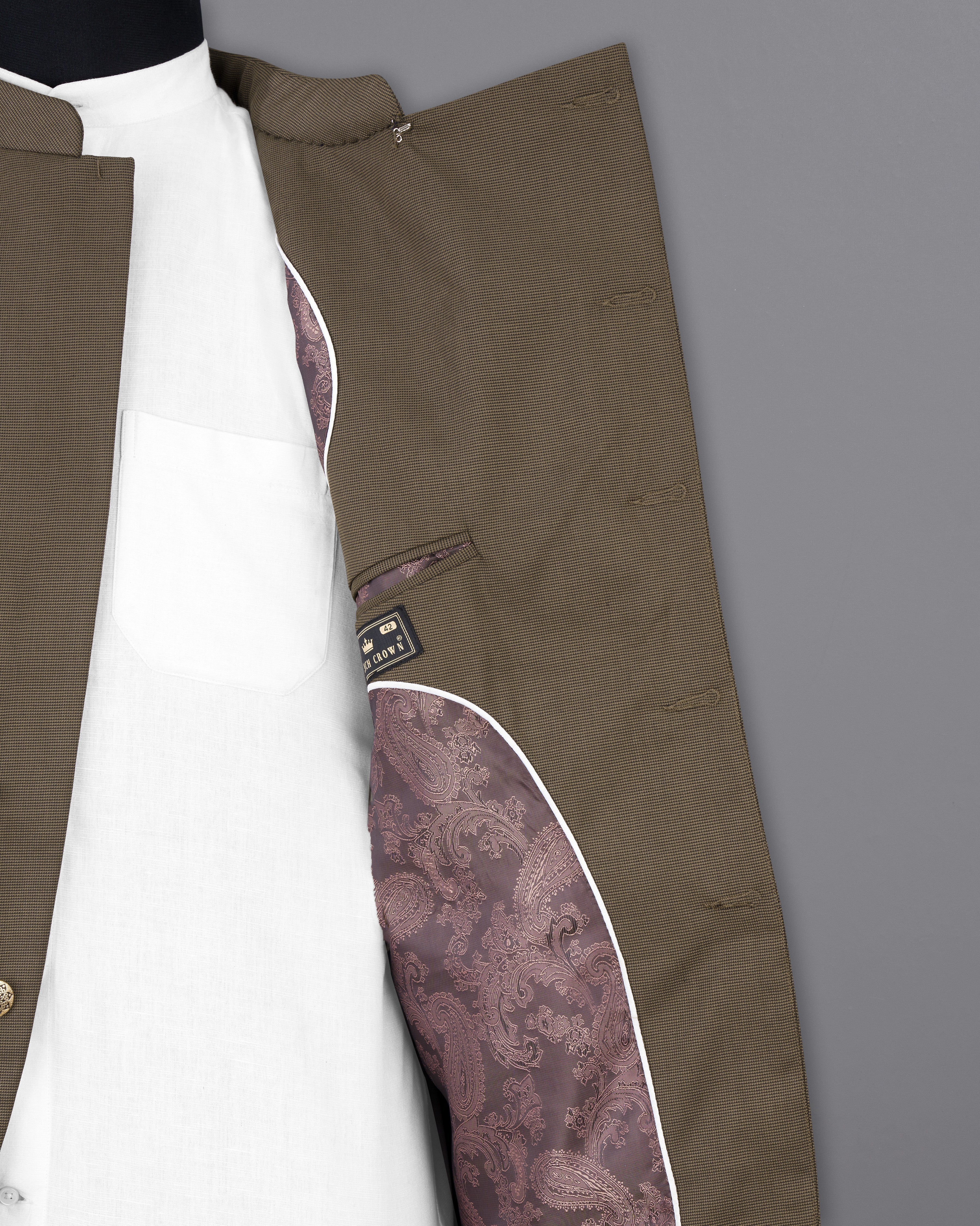 Fuscous Brown Cross Buttoned Bandhgala Suit ST2514-CBG-36, ST2514-CBG-38, ST2514-CBG-40, ST2514-CBG-42, ST2514-CBG-44, ST2514-CBG-46, ST2514-CBG-48, ST2514-CBG-50, ST2514-CBG-52, ST2514-CBG-54, ST2514-CBG-56, ST2514-CBG-58, ST2514-CBG-60