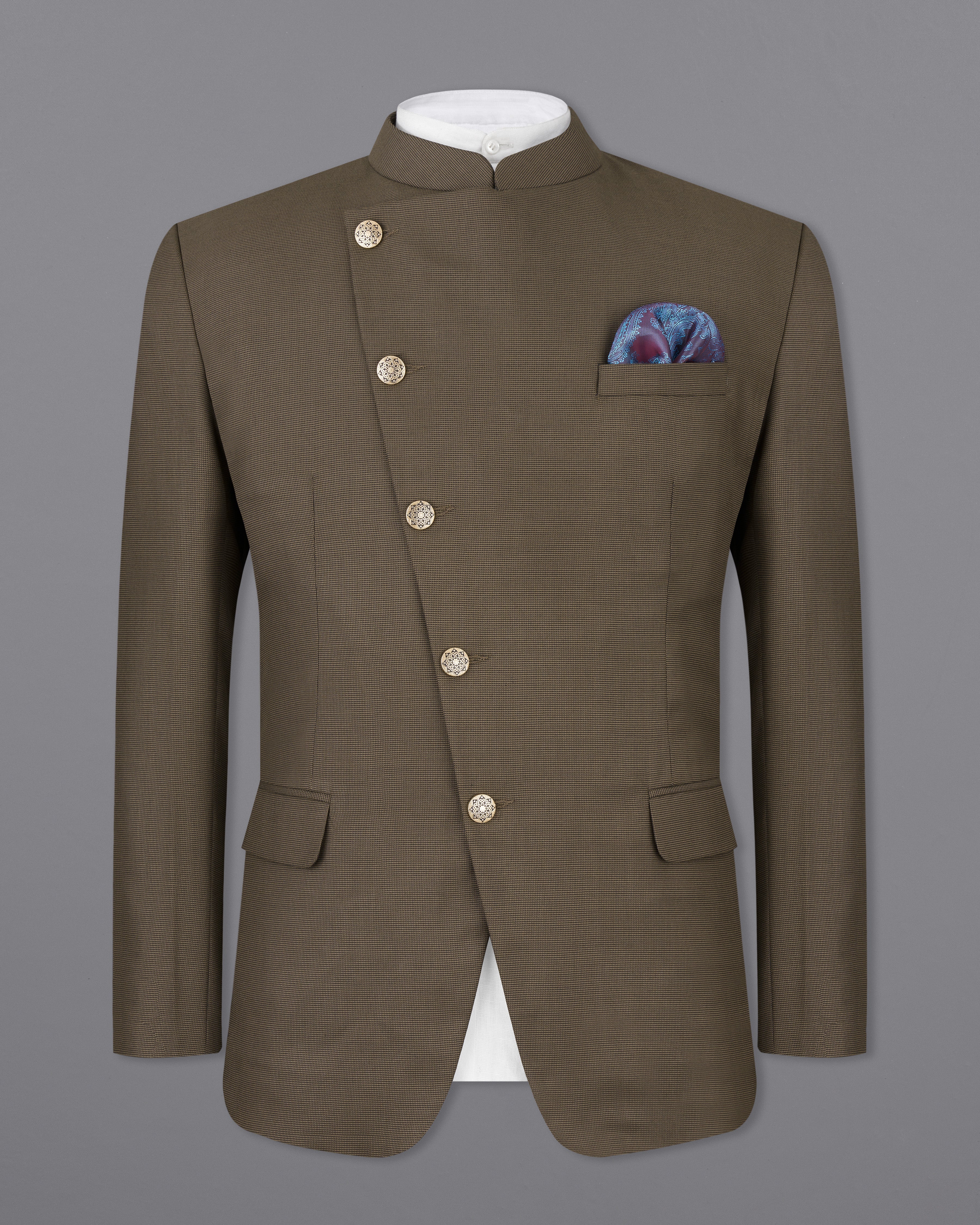 Fuscous Brown Cross Buttoned Bandhgala Suit ST2514-CBG-36, ST2514-CBG-38, ST2514-CBG-40, ST2514-CBG-42, ST2514-CBG-44, ST2514-CBG-46, ST2514-CBG-48, ST2514-CBG-50, ST2514-CBG-52, ST2514-CBG-54, ST2514-CBG-56, ST2514-CBG-58, ST2514-CBG-60