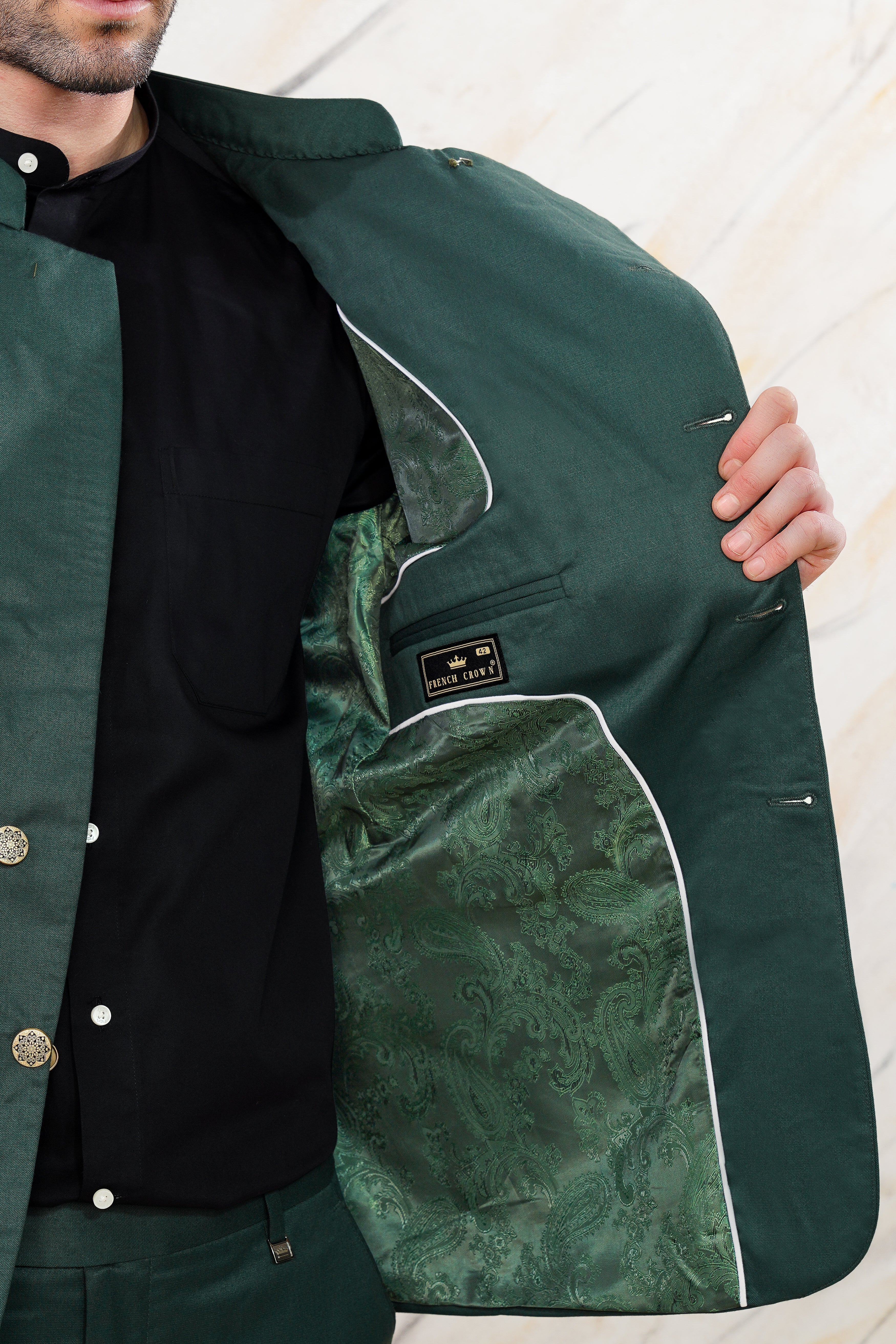 Gable Green Cross Buttoned Wool Rich Bandhgala Suit ST3051-CBG-36, ST3051-CBG-38, ST3051-CBG-40, ST3051-CBG-42, ST3051-CBG-44, ST3051-CBG-46, ST3051-CBG-48, ST3051-CBG-50, ST3051-CBG-52, ST3051-CBG-54, ST3051-CBG-56, ST3051-CBG-58, ST3051-CBG-60