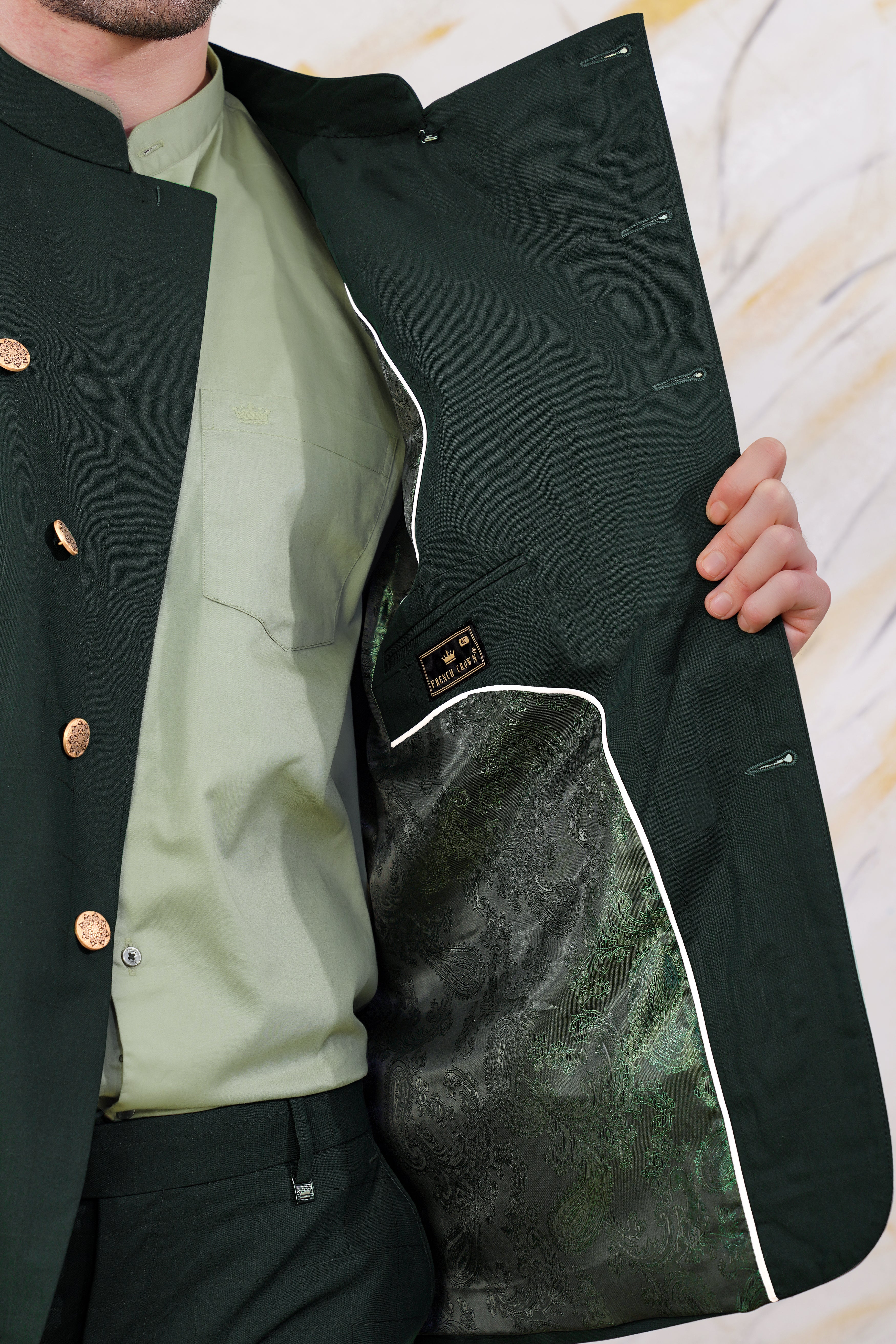 Sacramento Green Cross Buttoned Bandhgala Wool Rich Suit ST3066-CBG-36, ST3066-CBG-38, ST3066-CBG-40, ST3066-CBG-42, ST3066-CBG-44, ST3066-CBG-46, ST3066-CBG-48, ST3066-CBG-50, ST3066-CBG-52, ST3066-CBG-54, ST3066-CBG-56, ST3066-CBG-58, ST3066-CBG-60