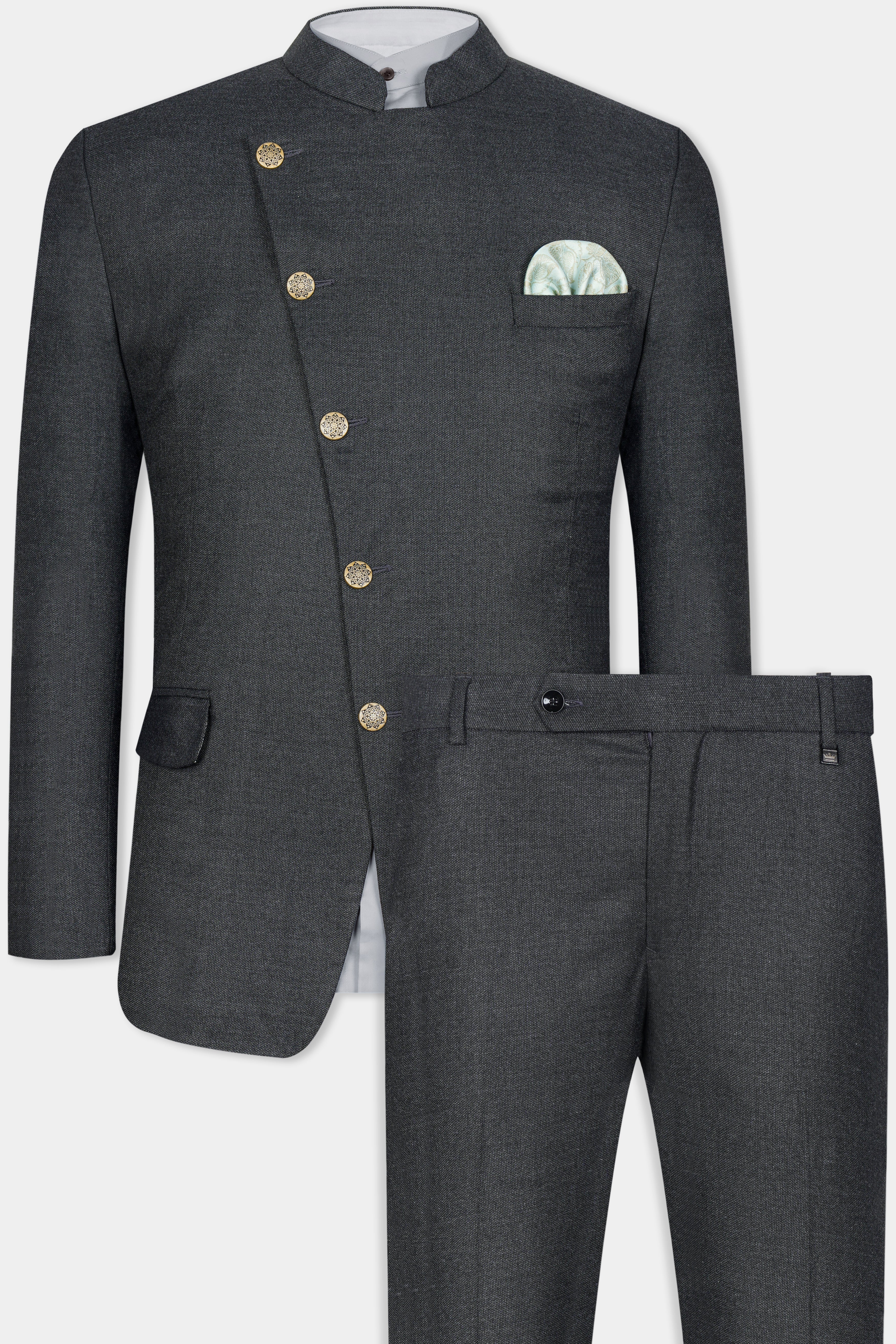 Gunmetal Grey Cross Buttoned Wool Rich Bandhgala Suit ST3069-CBG-36, ST3069-CBG-38, ST3069-CBG-40, ST3069-CBG-42, ST3069-CBG-44, ST3069-CBG-46, ST3069-CBG-48, ST3069-CBG-50, ST3069-CBG-52, ST3069-CBG-54, ST3069-CBG-56, ST3069-CBG-58, ST3069-CBG-60