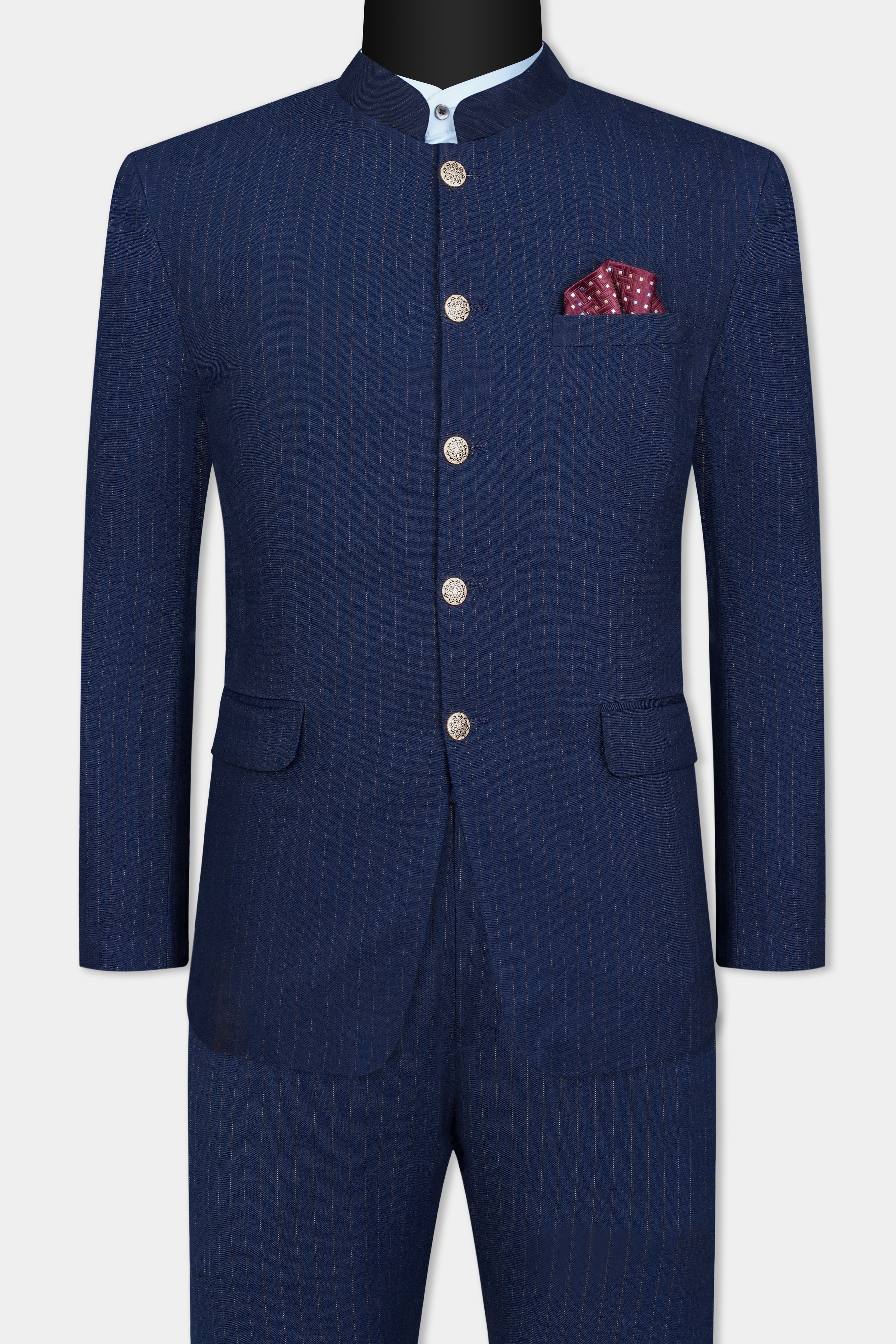 Ebony Clay Blue Striped Wool Rich Bandhgala Suit ST3088-BG-36, ST3088-BG-38, ST3088-BG-40, ST3088-BG-42, ST3088-BG-44, ST3088-BG-46, ST3088-BG-48, ST3088-BG-50, ST3088-BG-52, ST3088-BG-54, ST3088-BG-56, ST3088-BG-58, ST3088-BG-60