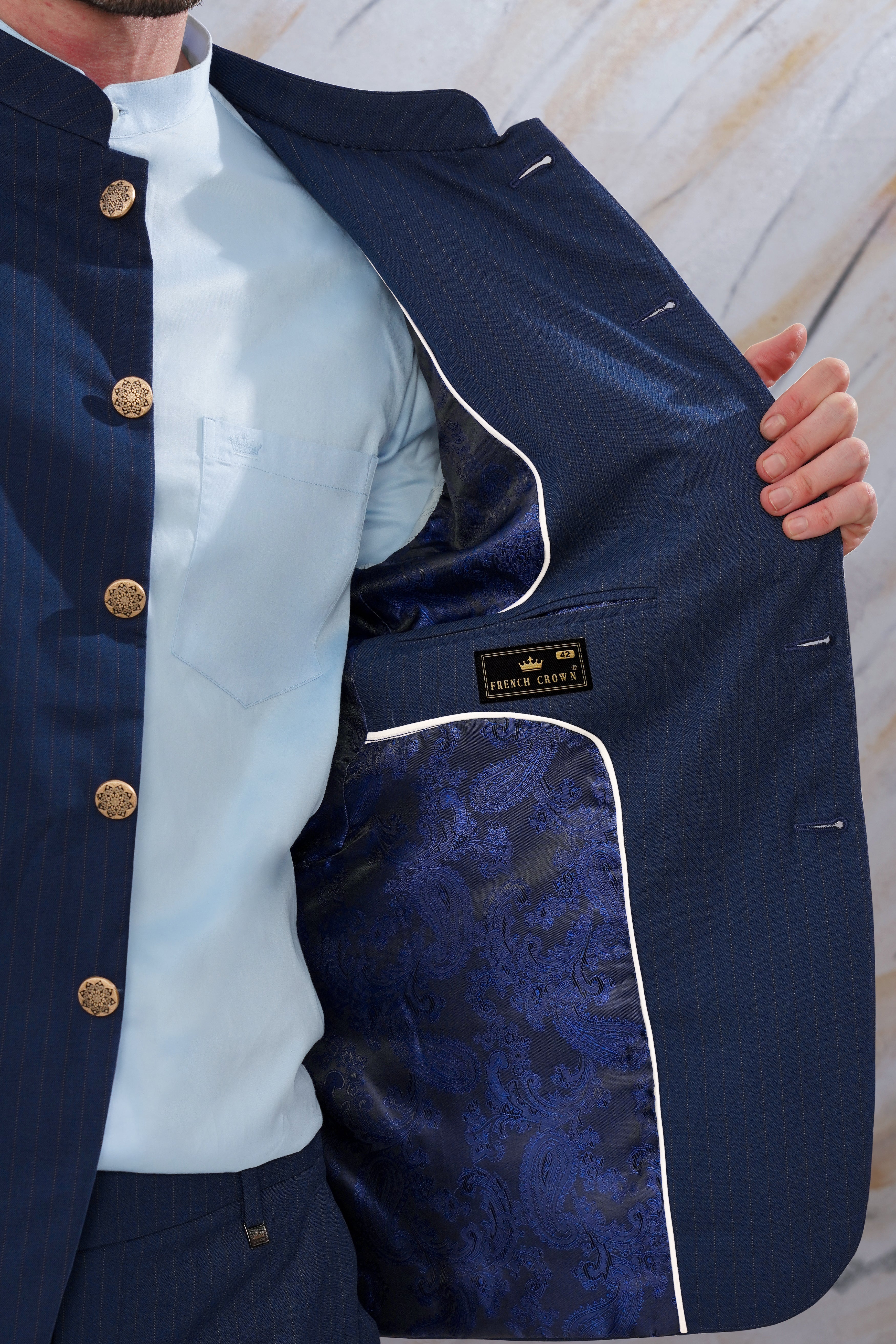 Ebony Clay Blue Striped Wool Rich Bandhgala Suit ST3088-BG-36, ST3088-BG-38, ST3088-BG-40, ST3088-BG-42, ST3088-BG-44, ST3088-BG-46, ST3088-BG-48, ST3088-BG-50, ST3088-BG-52, ST3088-BG-54, ST3088-BG-56, ST3088-BG-58, ST3088-BG-60