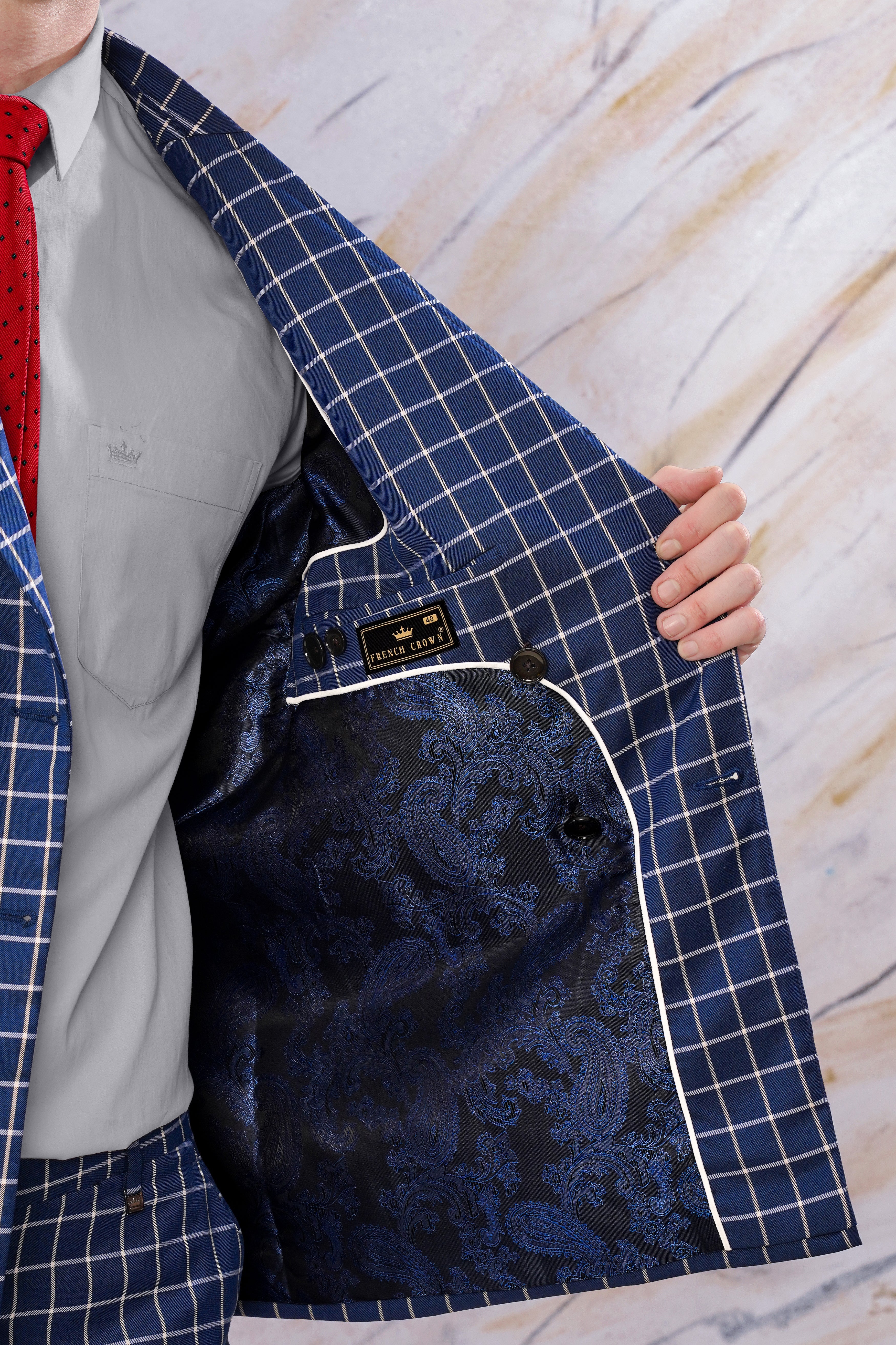 Marine Blue and White Windowpane Wool Rich Double Breasted Suit ST3095-DB-36, ST3095-DB-38, ST3095-DB-40, ST3095-DB-42, ST3095-DB-44, ST3095-DB-46, ST3095-DB-48, ST3095-DB-50, ST3095-DB-52, ST3095-DB-54, ST3095-DB-56, ST3095-DB-58, ST3095-DB-60