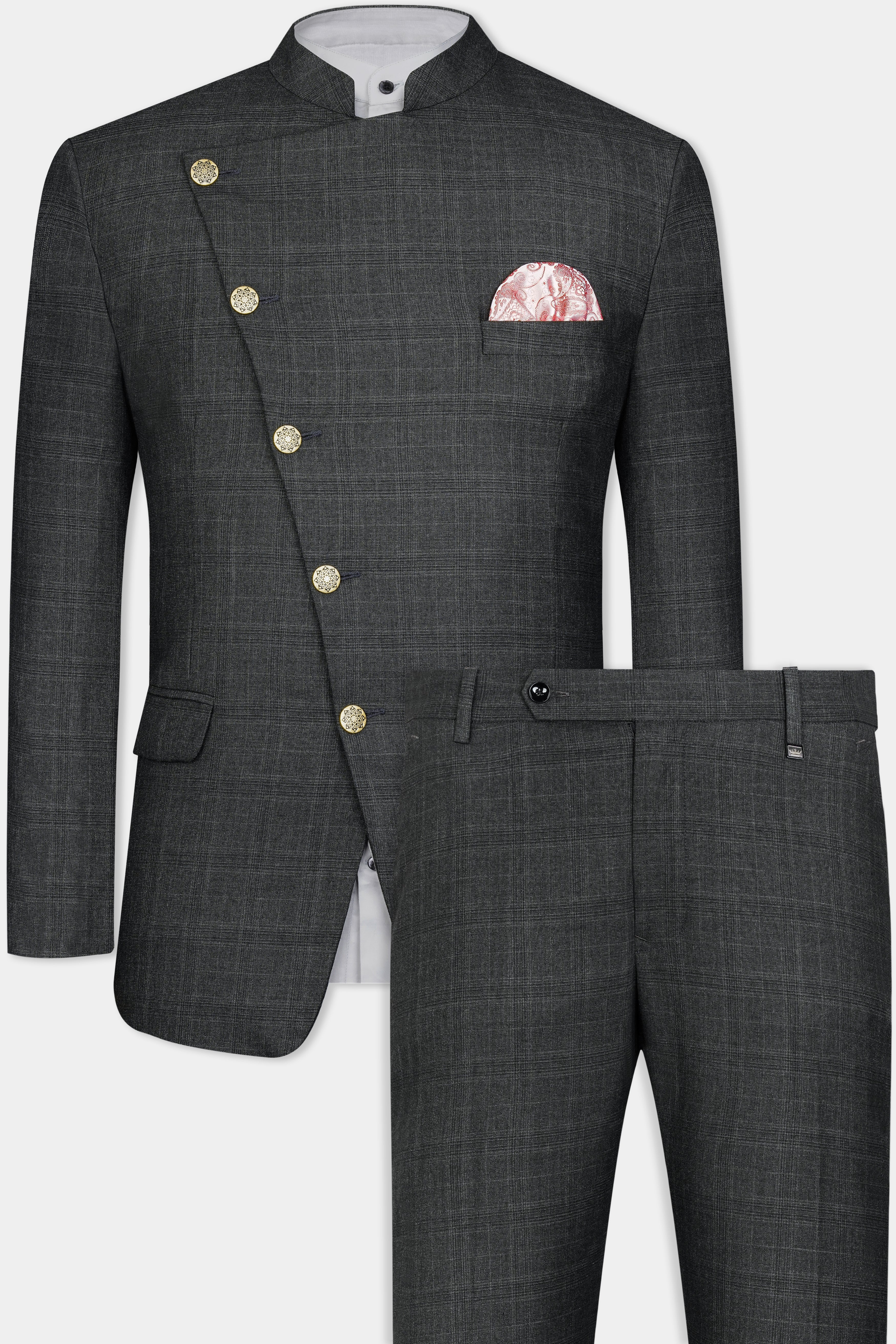 Iridium Gray Subtle Checkered Wool Rich Cross Buttoned Bandhgala Suit ST3101-CBG-36, ST3101-CBG-38, ST3101-CBG-40, ST3101-CBG-42, ST3101-CBG-44, ST3101-CBG-46, ST3101-CBG-48, ST3101-CBG-50, ST3101-CBG-52, ST3101-CBG-54, ST3101-CBG-56, ST3101-CBG-58, ST3101-CBG-60