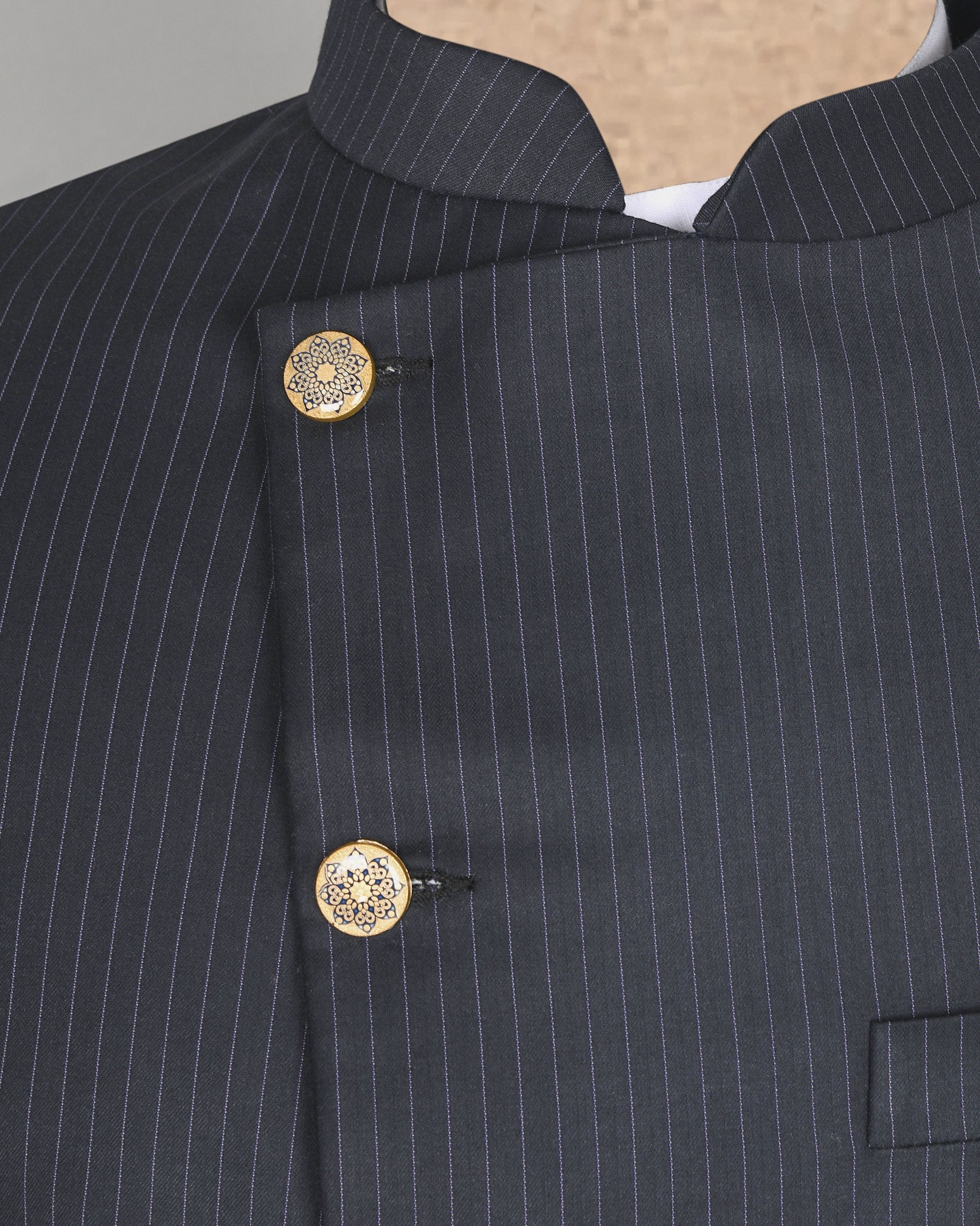 Blue Pinstriped Cross Placket Bandhgala/Mandarin wool blend Suit