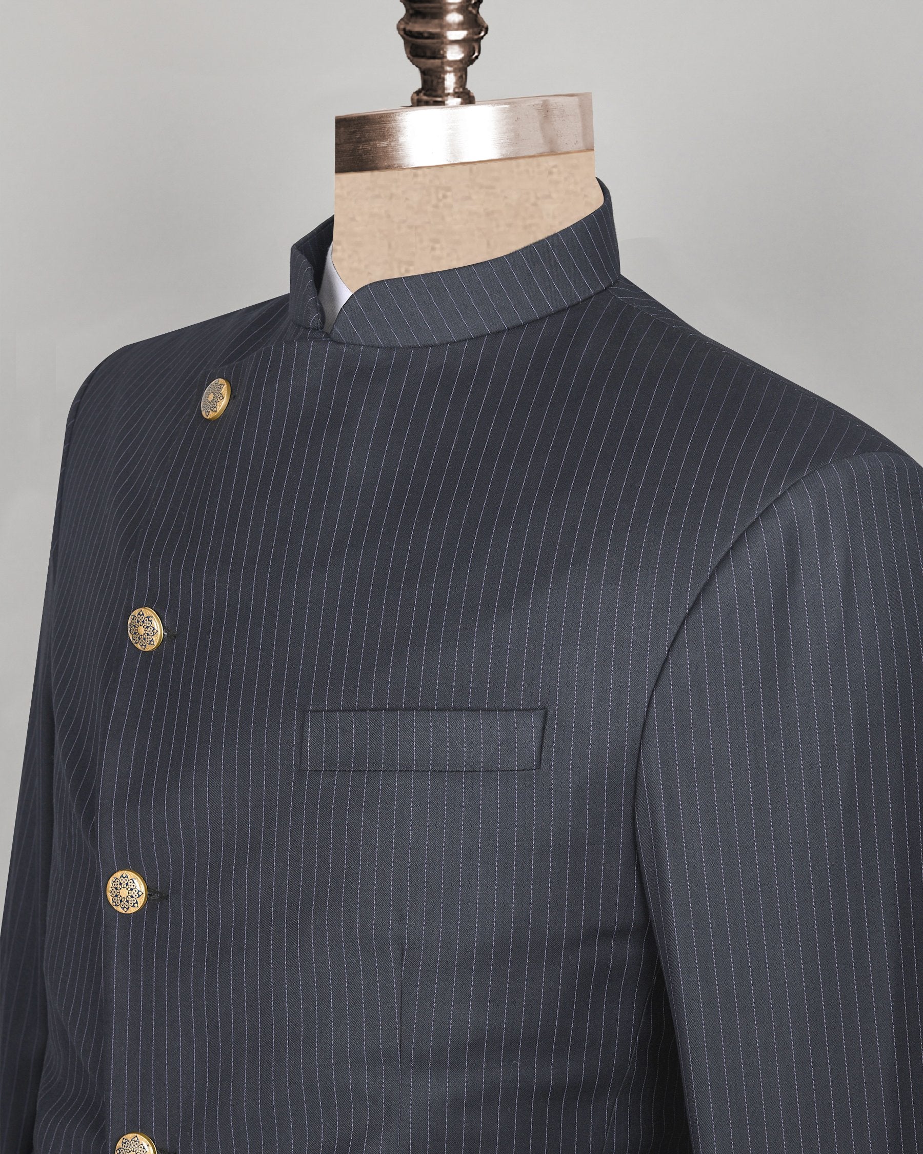 Blue Pinstriped Cross Placket Bandhgala/Mandarin wool blend Suit