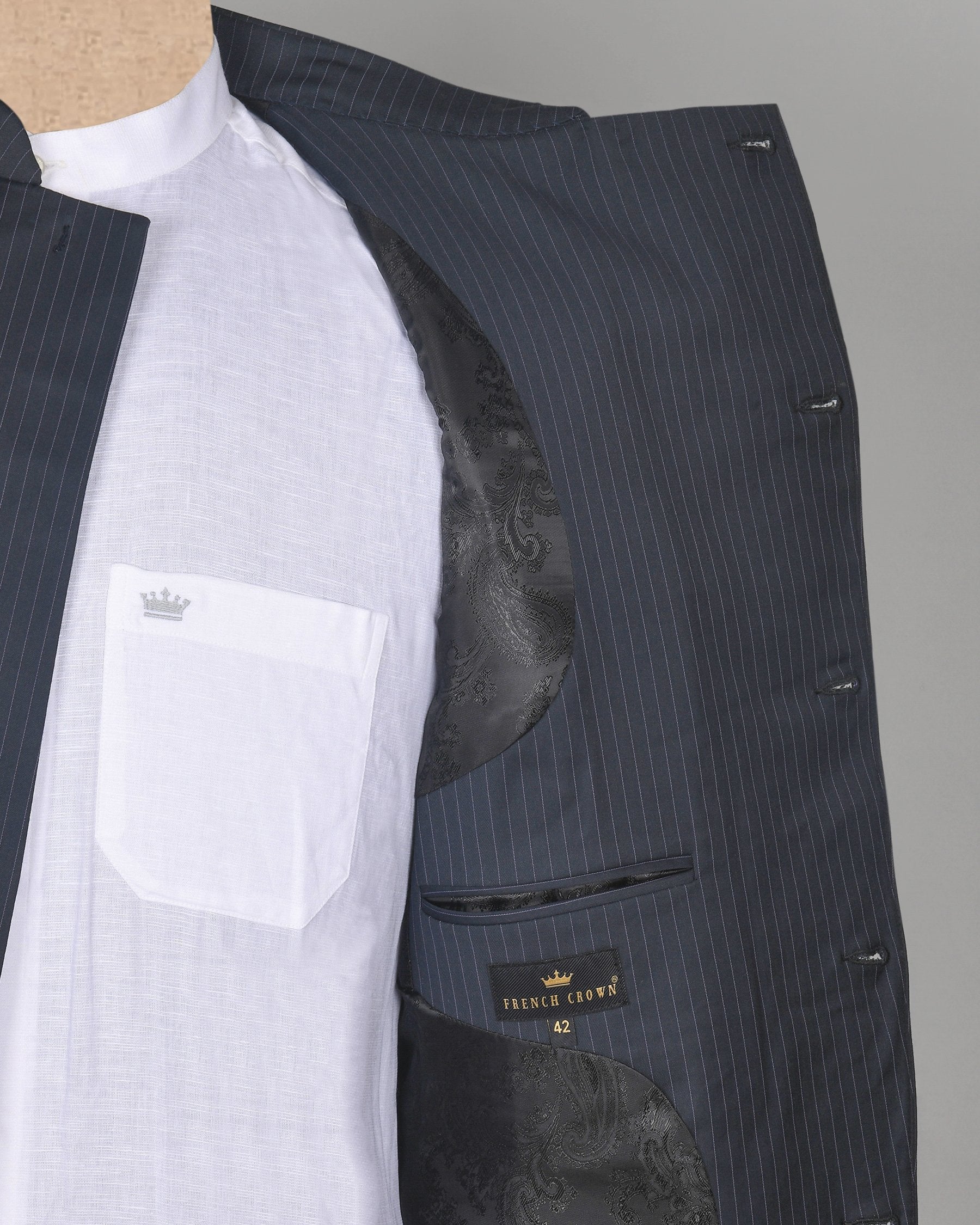 Blue Pinstriped Cross Placket Bandhgala/Mandarin wool blend Suit