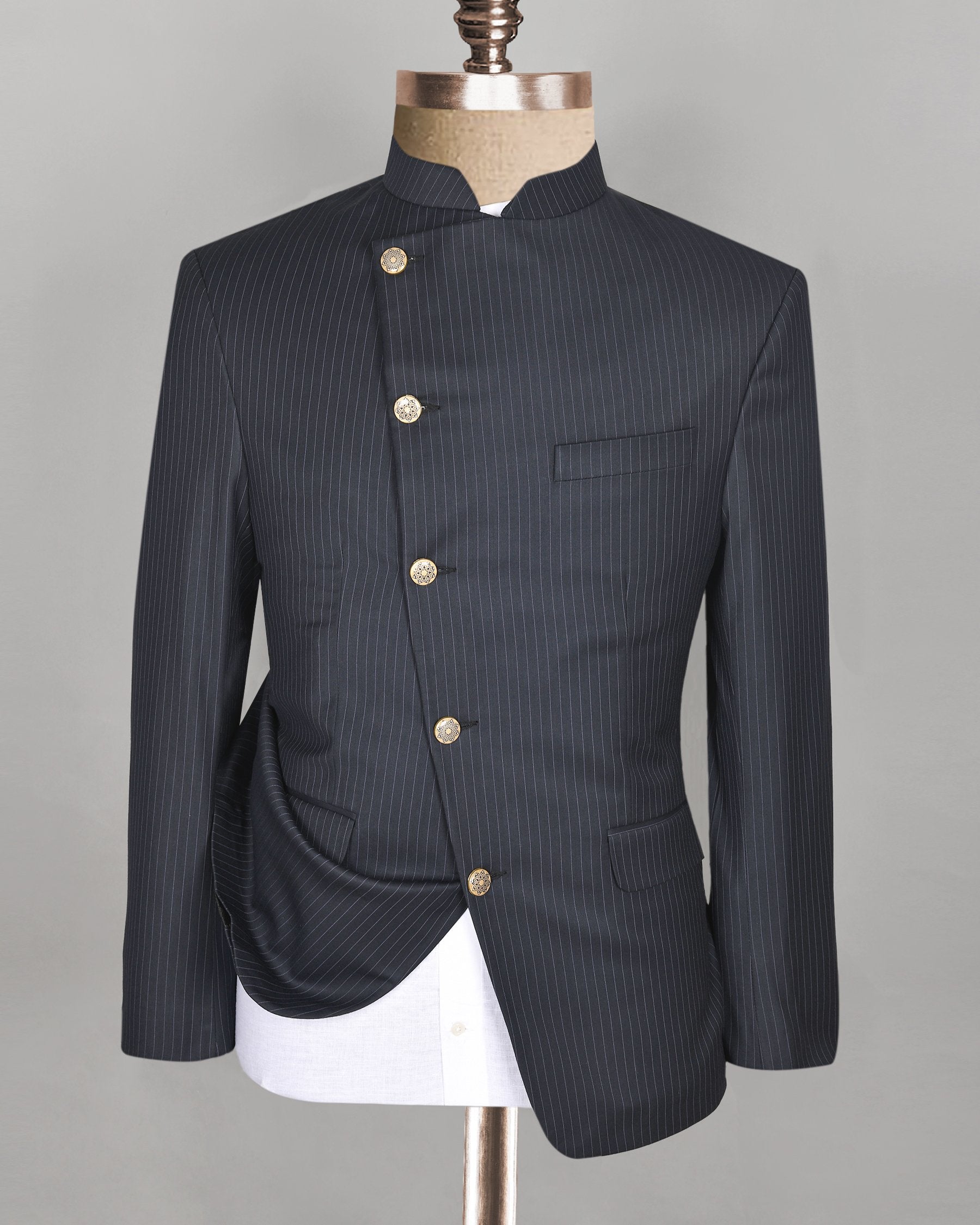 Blue Pinstriped Cross Placket Bandhgala/Mandarin wool blend Suit