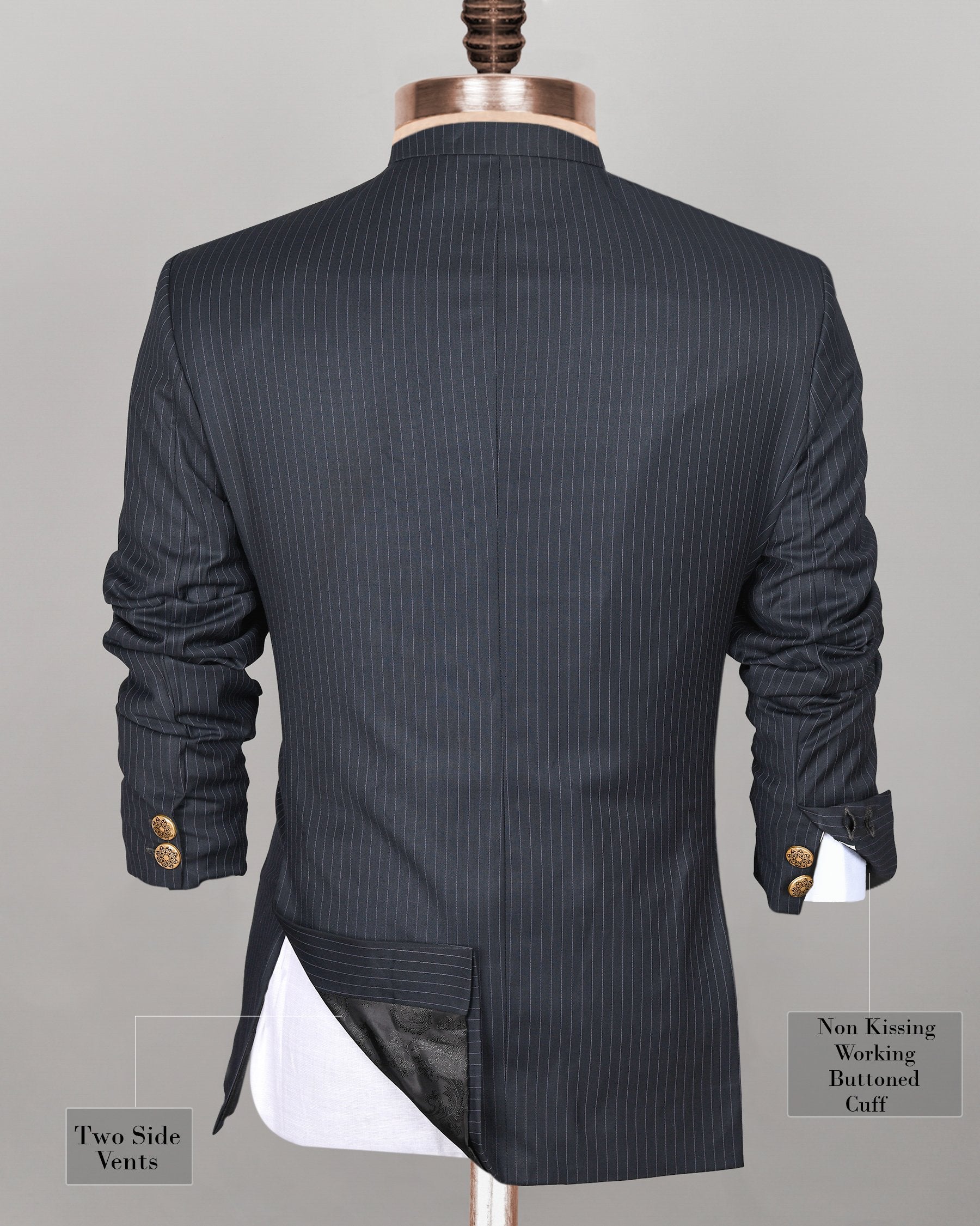 Blue Pinstriped Cross Placket Bandhgala/Mandarin wool blend Suit