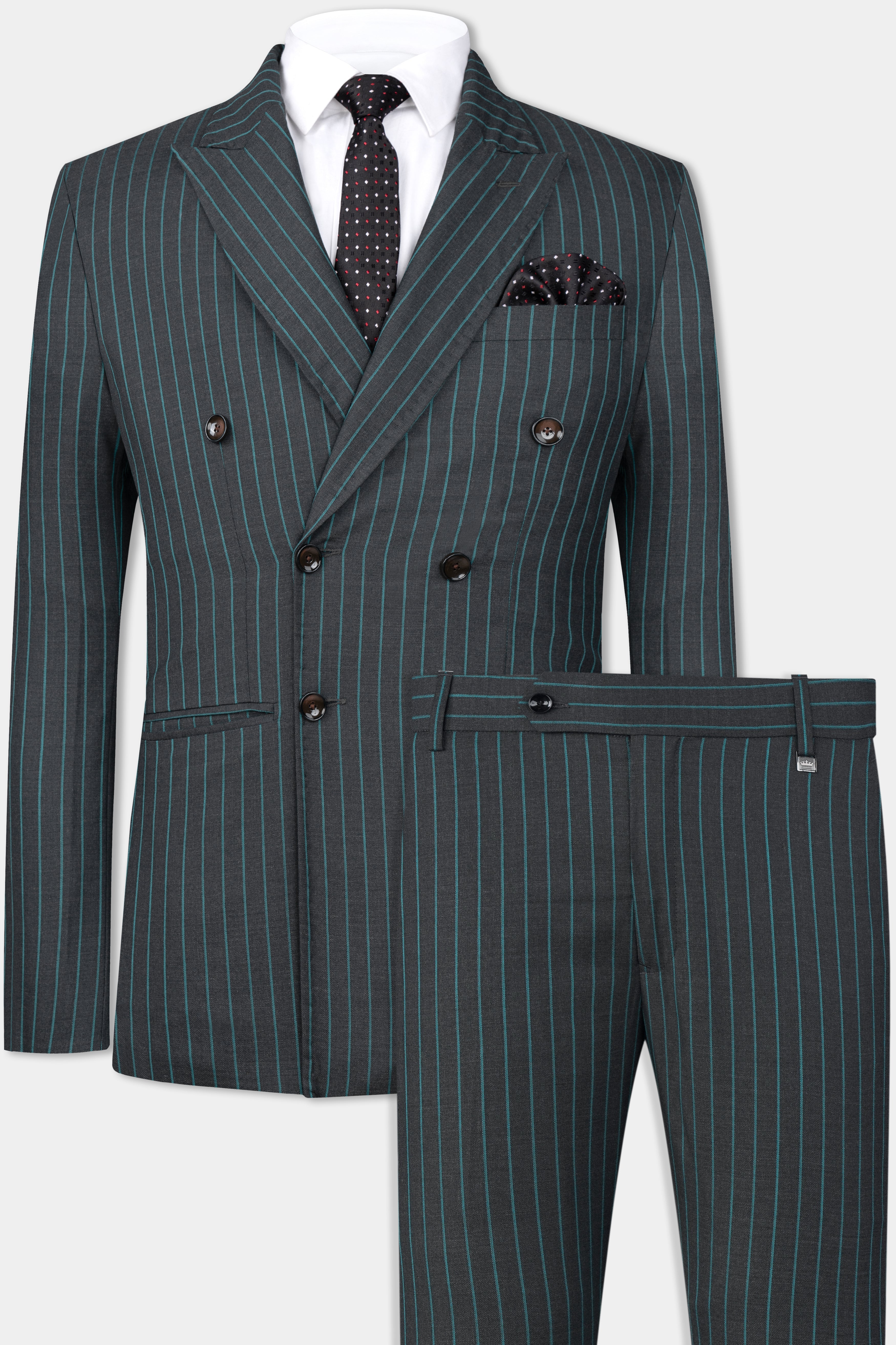 Gravel Gray and Lagoon Blue Striped Wool Rich Double Breasted Suit