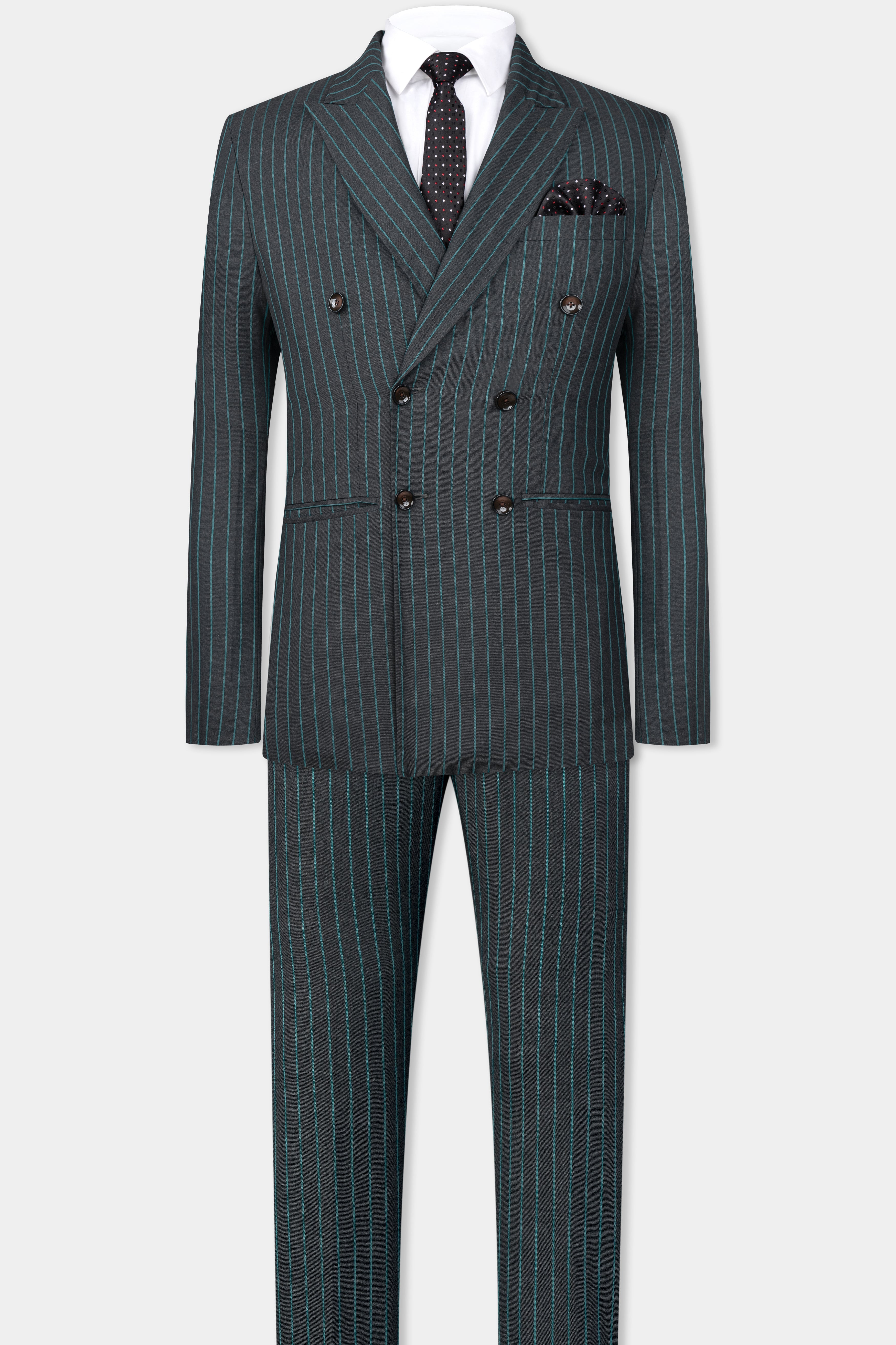Gravel Gray and Lagoon Blue Striped Wool Rich Double Breasted Suit