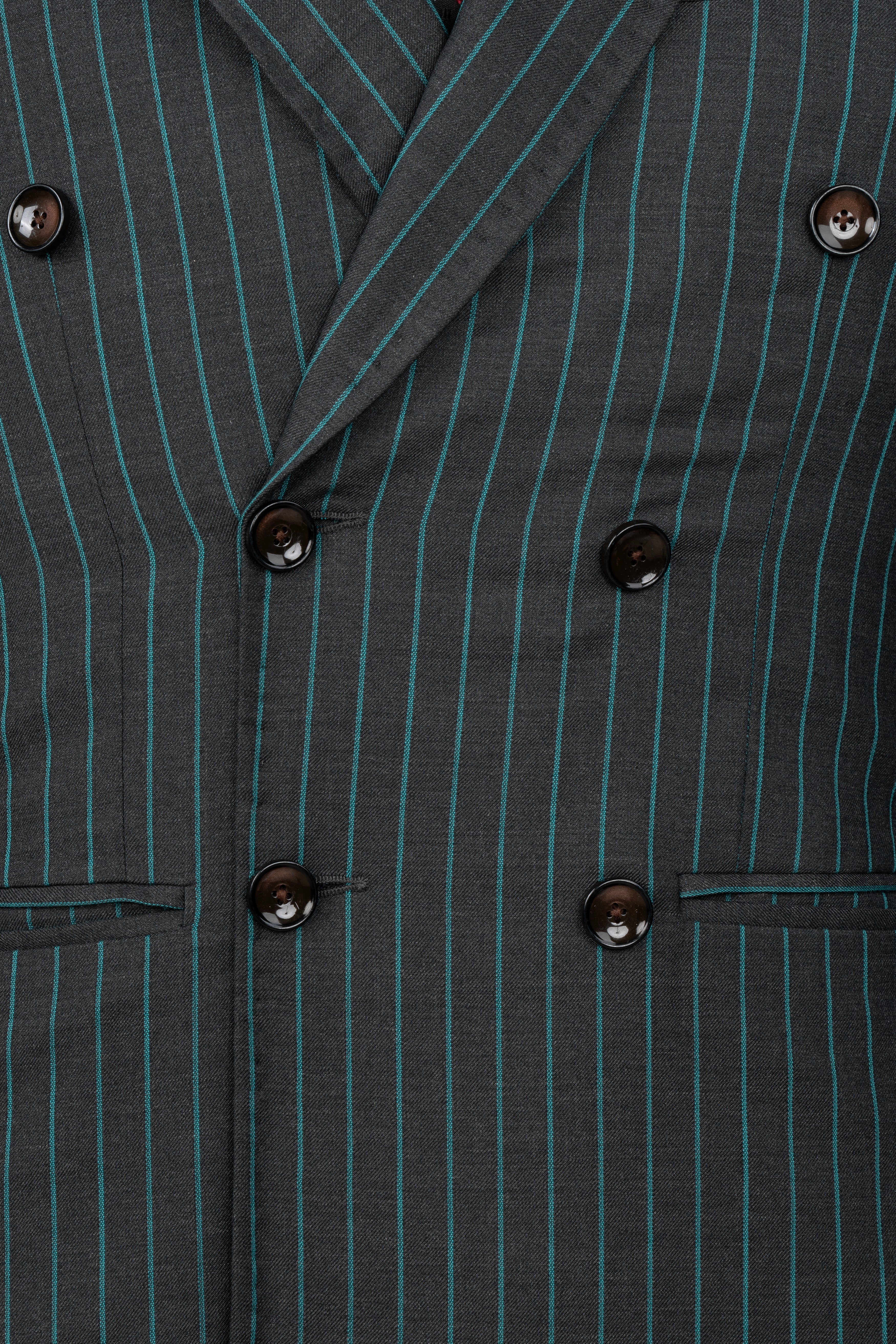 Gravel Gray and Lagoon Blue Striped Wool Rich Double Breasted Suit