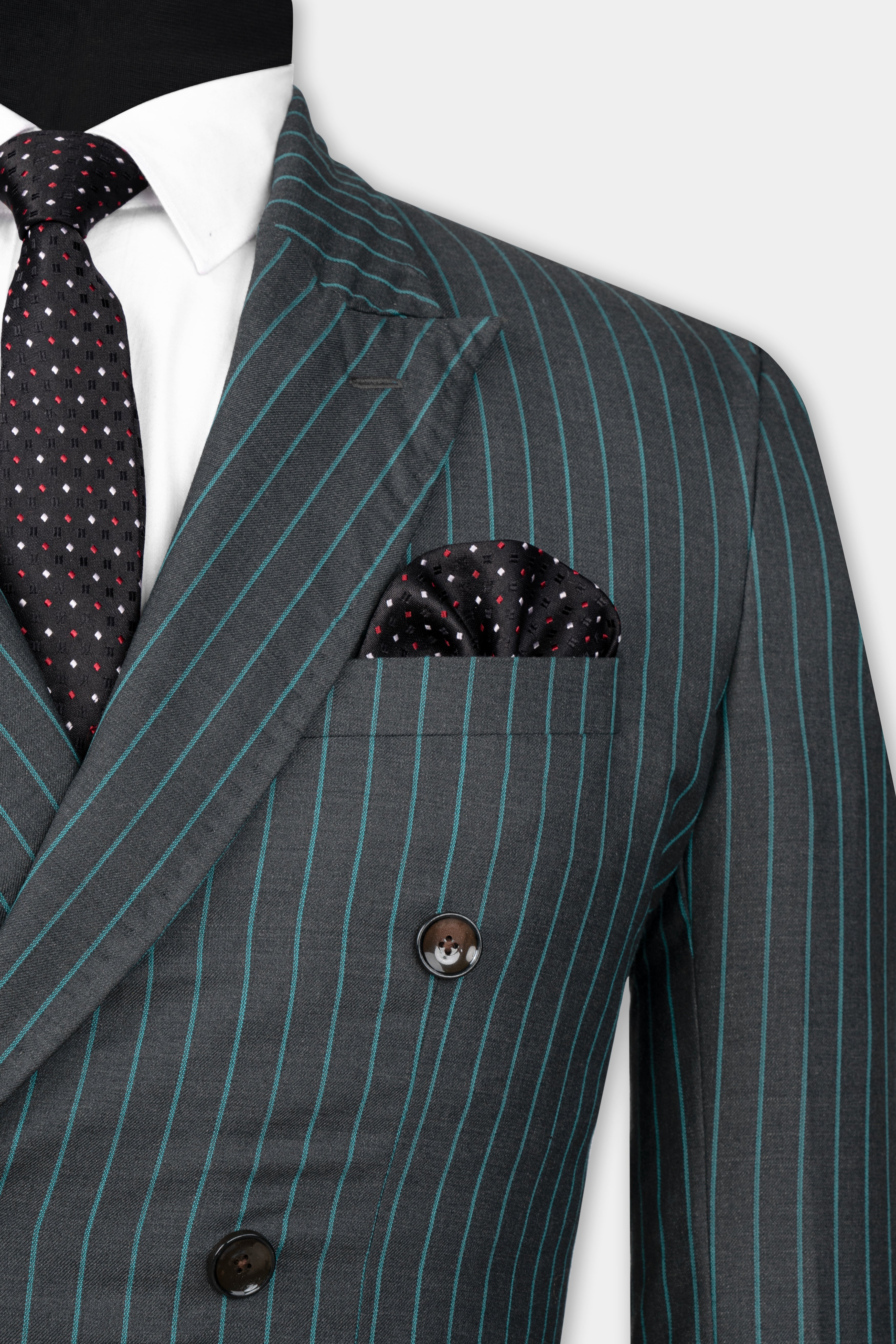 Gravel Gray and Lagoon Blue Striped Wool Rich Double Breasted Suit