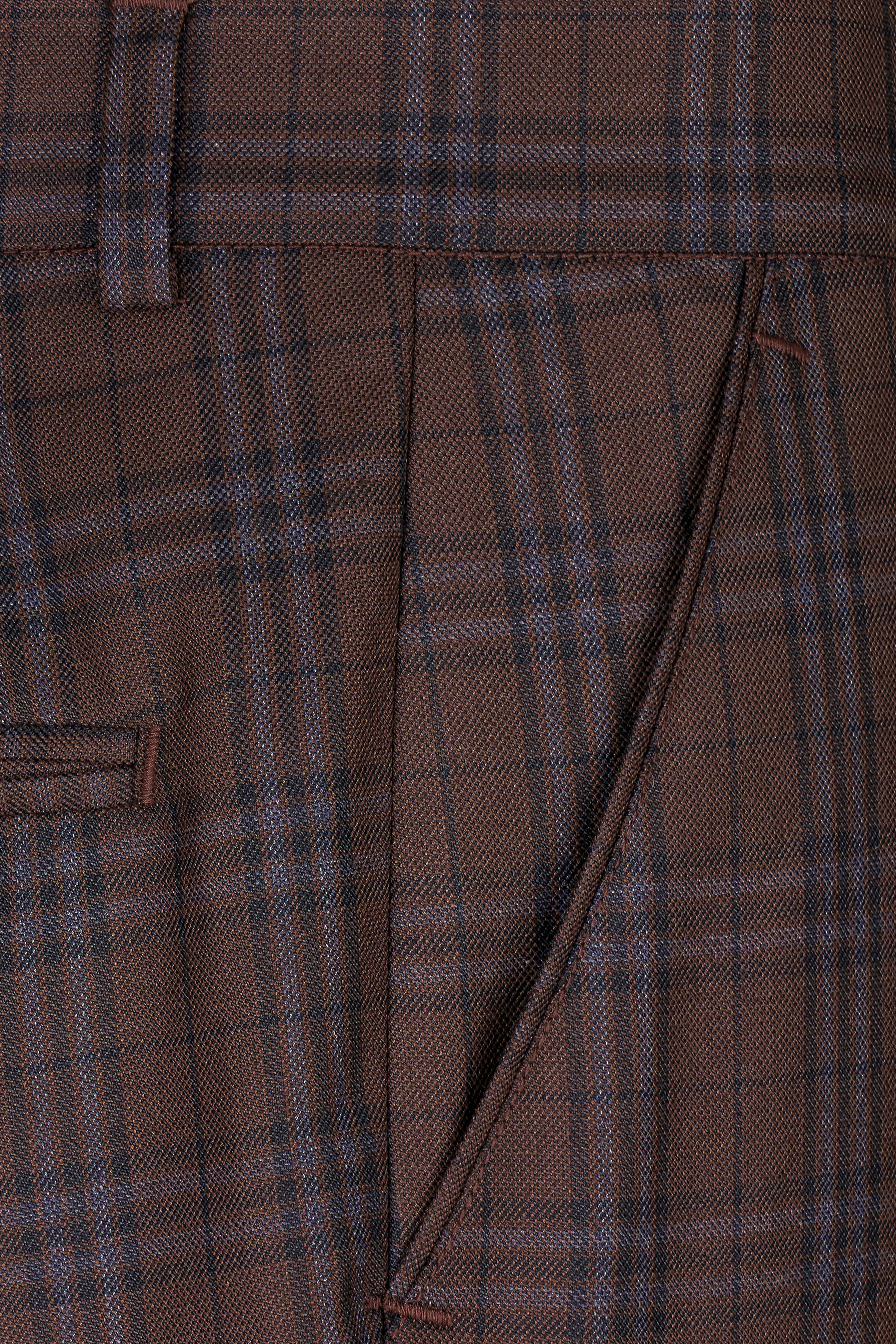 Gingerbread Brown and Haiti Blue Plaid Wool Rich Cross Placket Bandhgala Suit