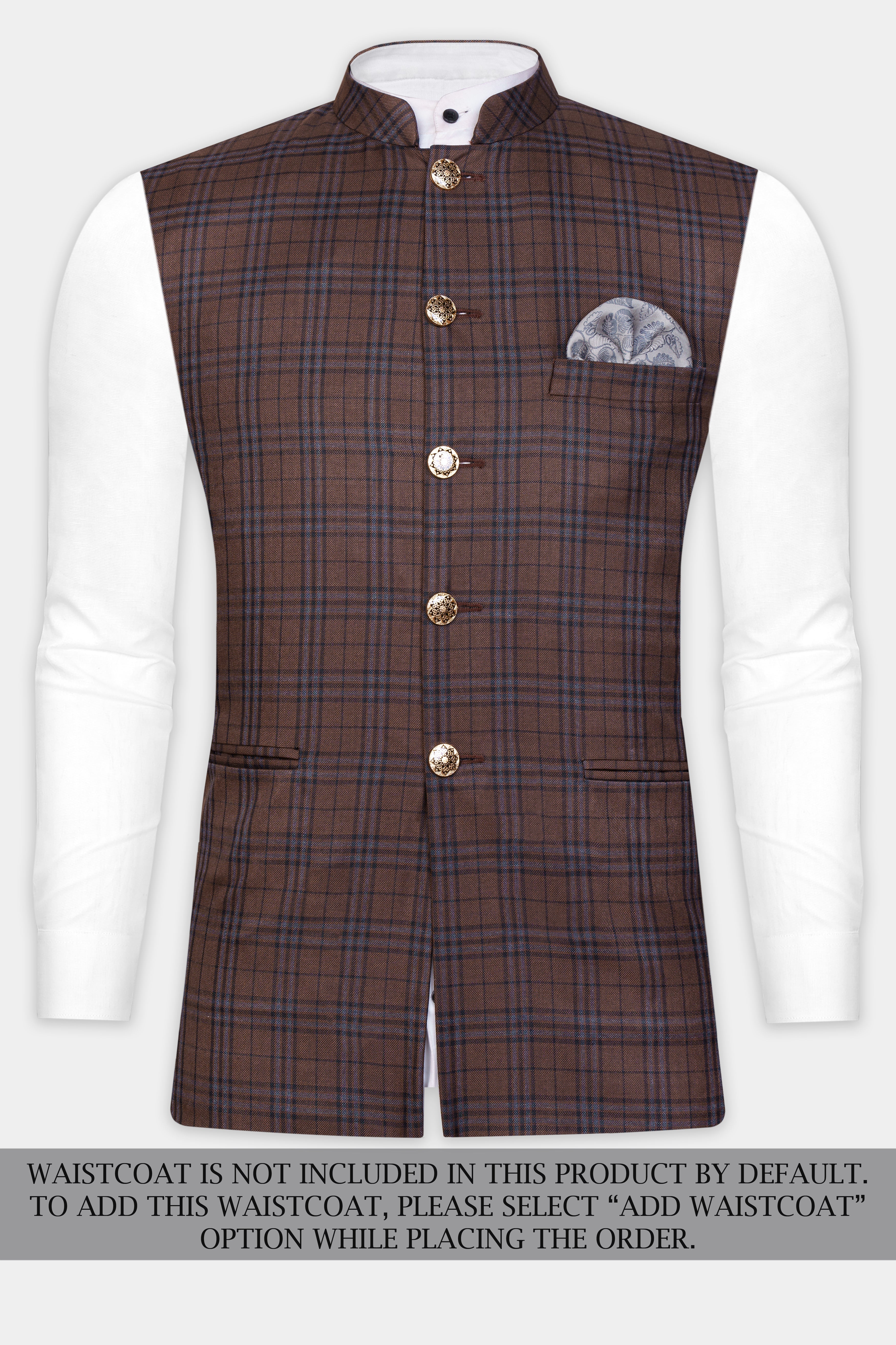 Gingerbread Brown and Haiti Blue Plaid Wool Rich Cross Placket Bandhgala Suit