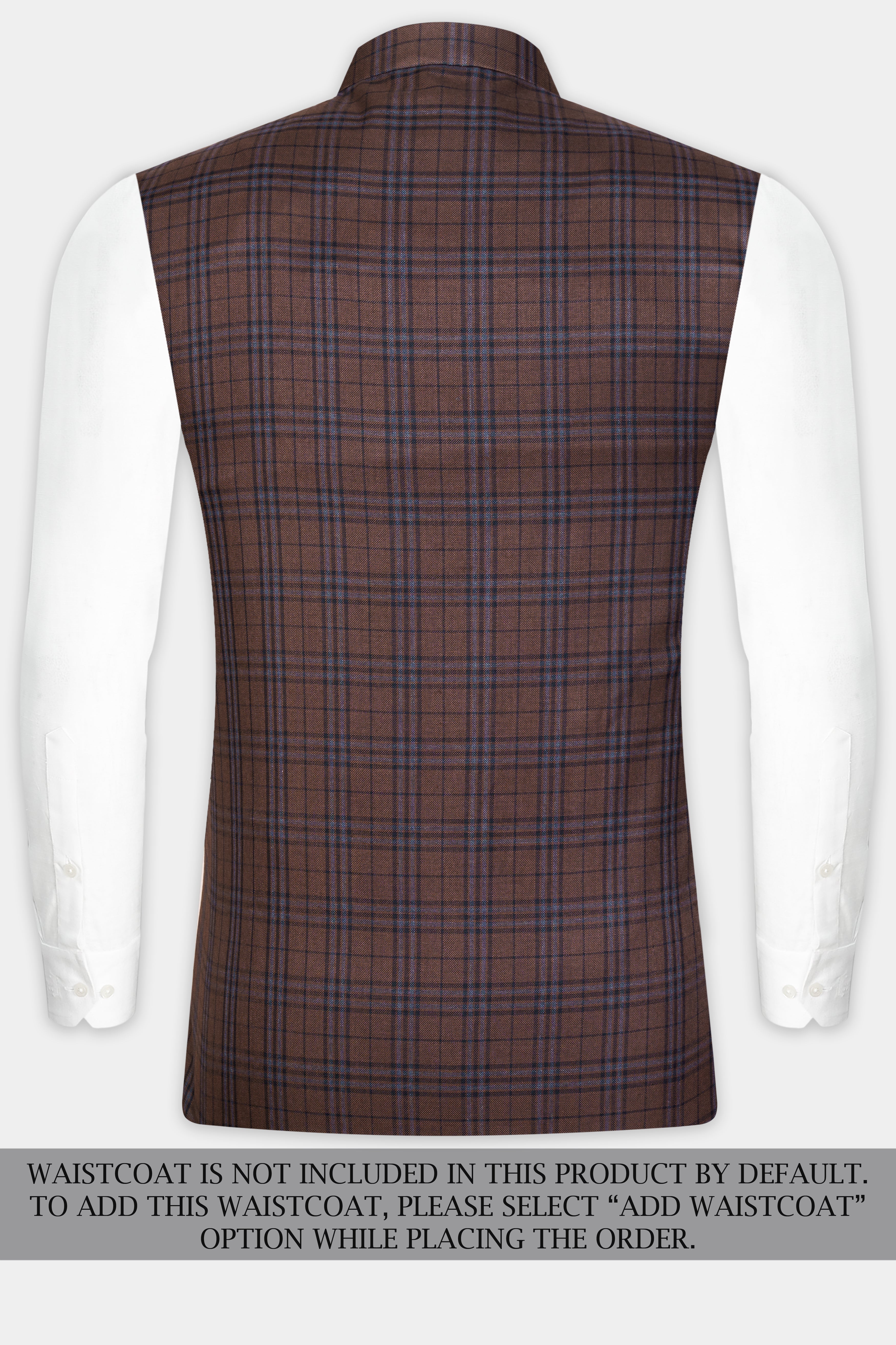 Gingerbread Brown and Haiti Blue Plaid Wool Rich Cross Placket Bandhgala Suit