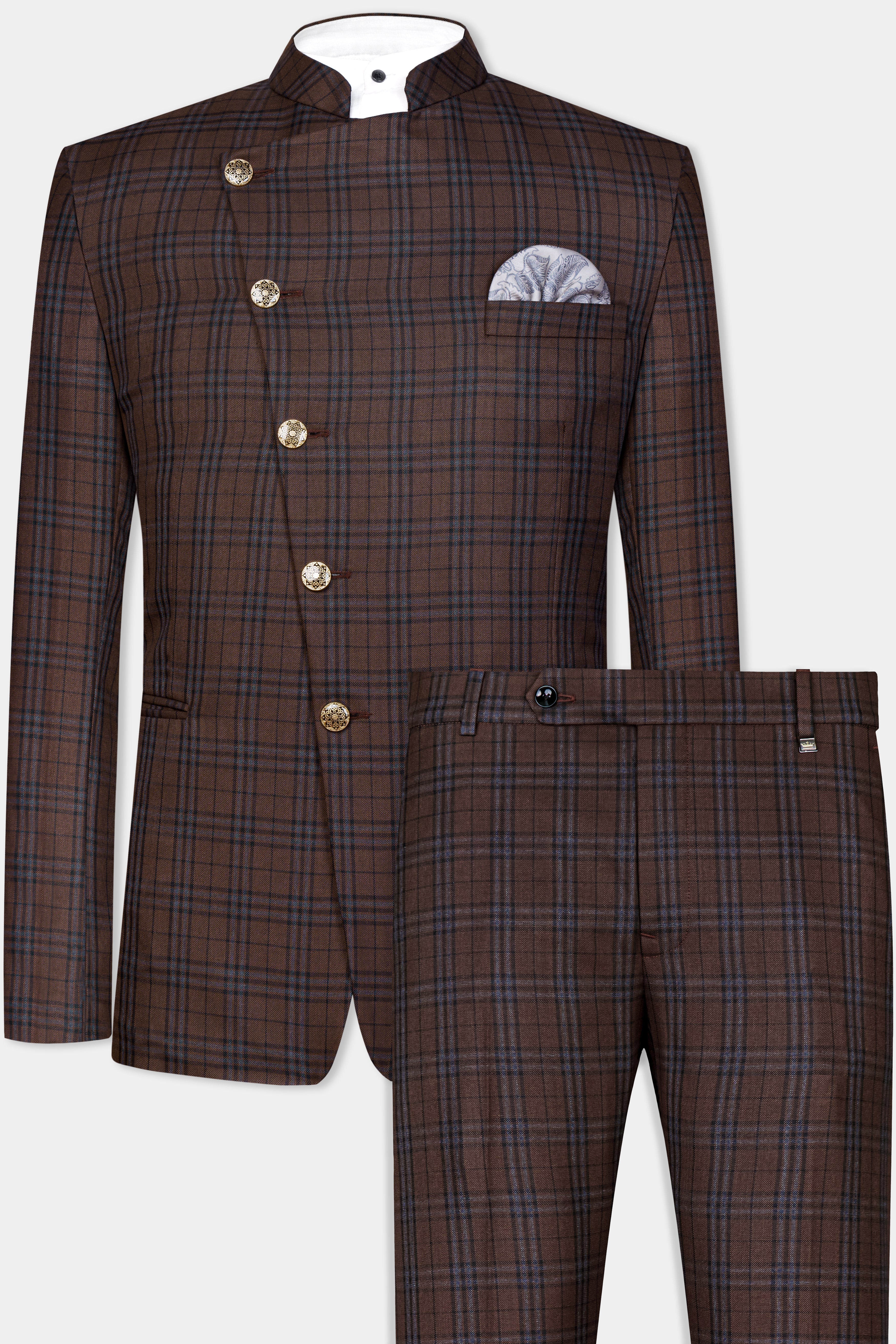 Gingerbread Brown and Haiti Blue Plaid Wool Rich Cross Placket Bandhgala Suit