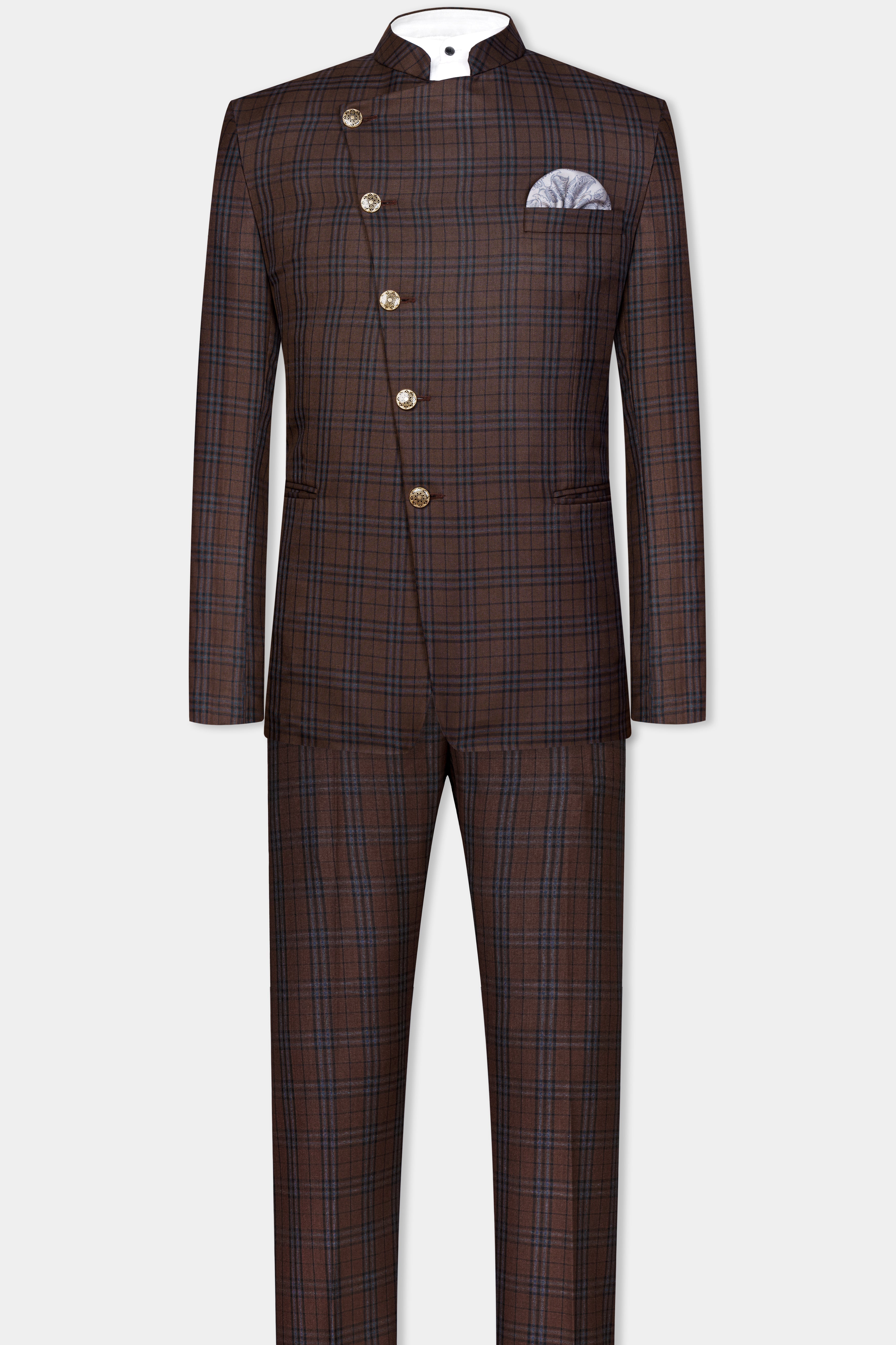 Gingerbread Brown and Haiti Blue Plaid Wool Rich Cross Placket Bandhgala Suit