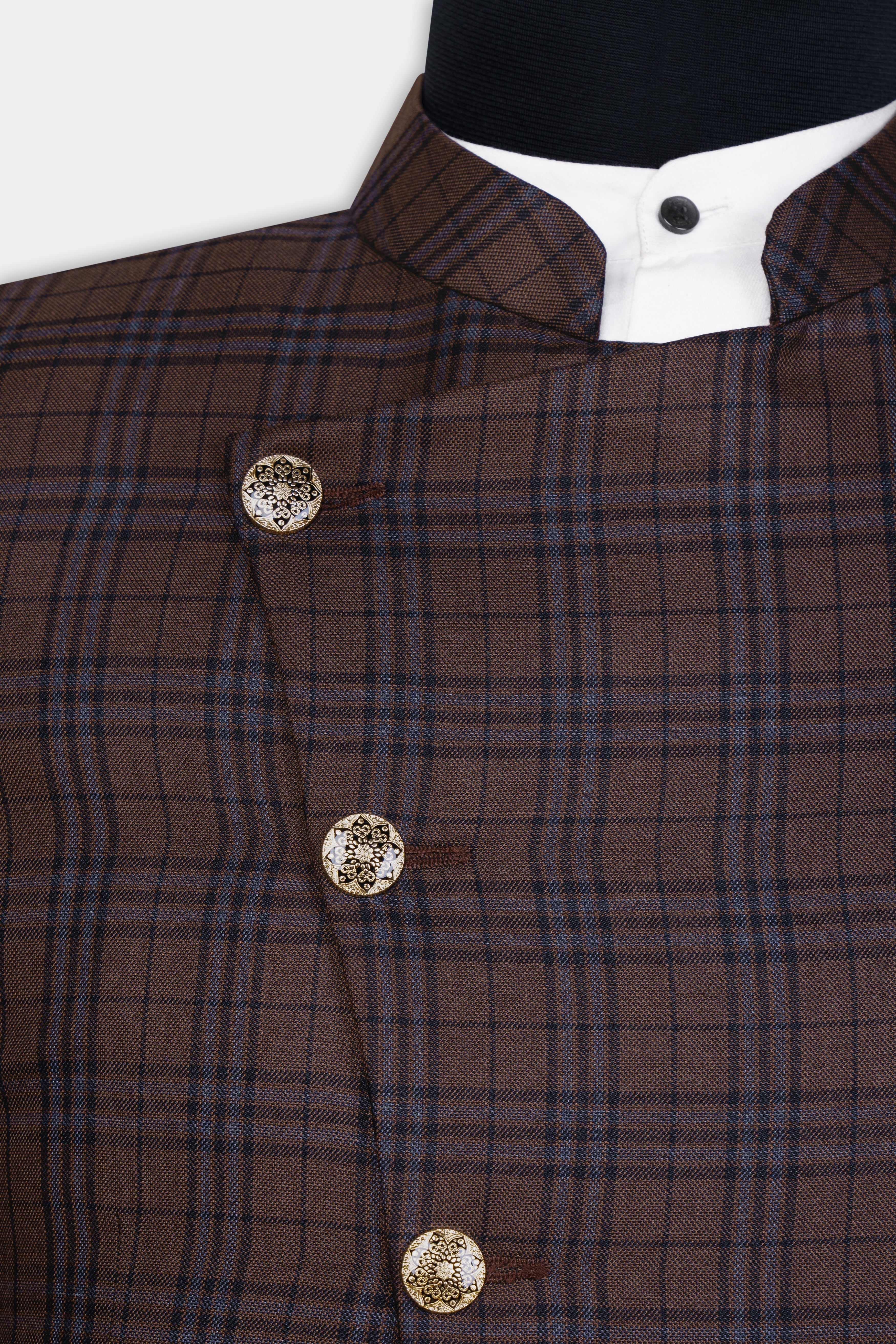 Gingerbread Brown and Haiti Blue Plaid Wool Rich Cross Placket Bandhgala Suit