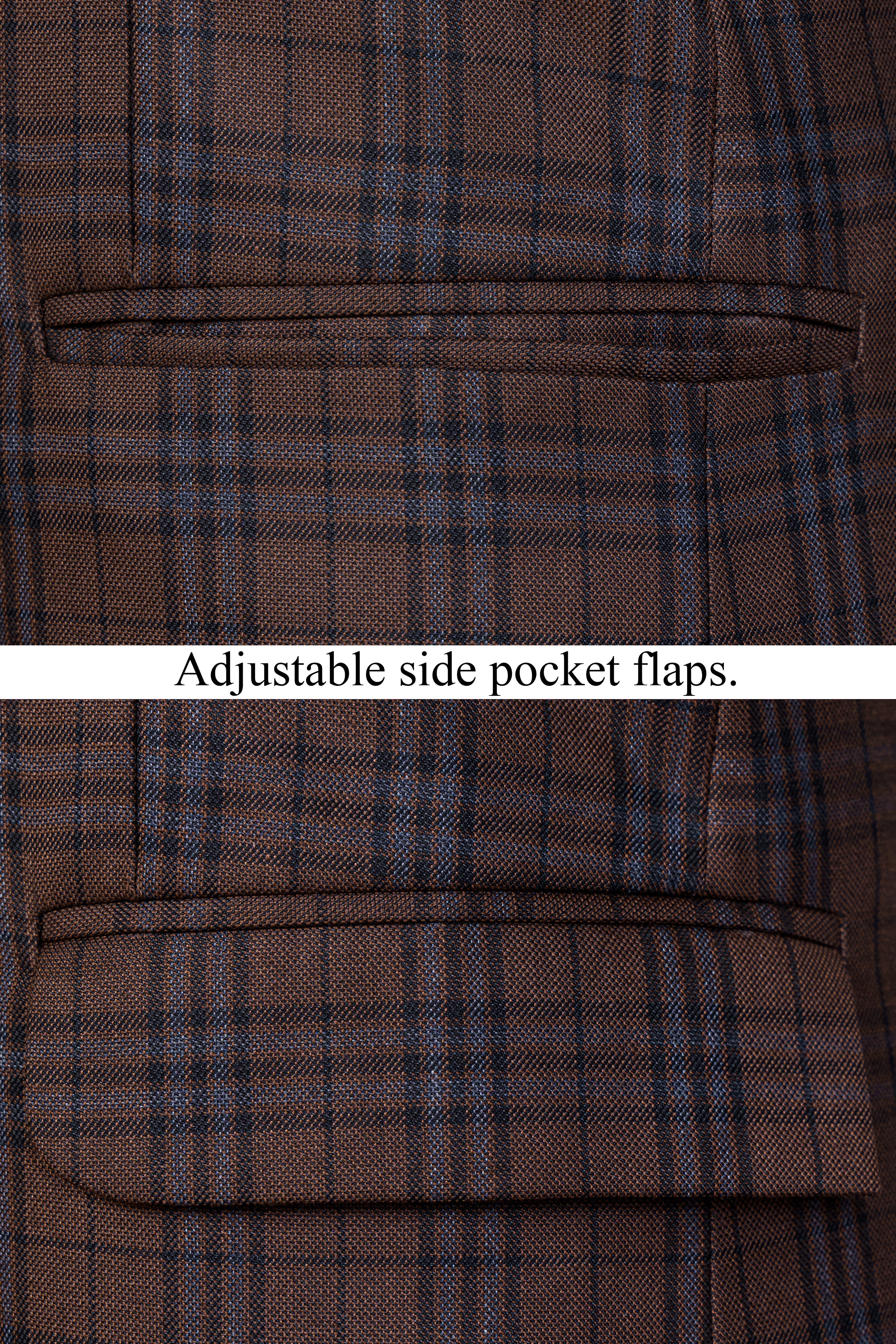 Gingerbread Brown and Haiti Blue Plaid Wool Rich Cross Placket Bandhgala Suit